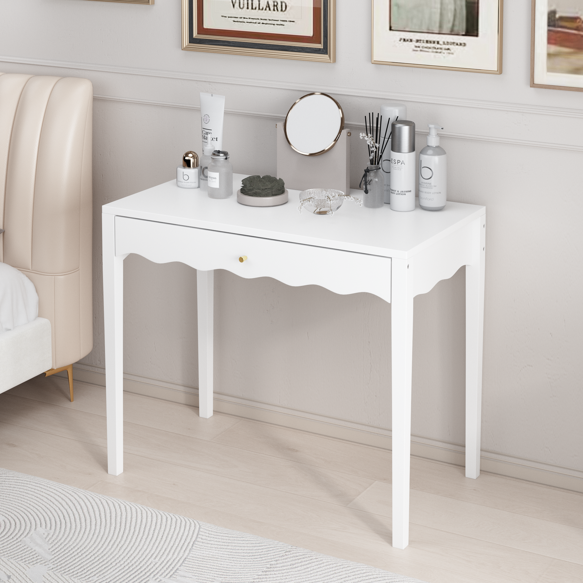 White 35.43' Vanity Desk with Drawer – Modern Makeup Table with Scalloped Front & Gold Knob, Compact Writing Desk with 4 Sturdy Legs for Bedroom, Small Home Office & Apartment Spaces - Grand Goldman Shop