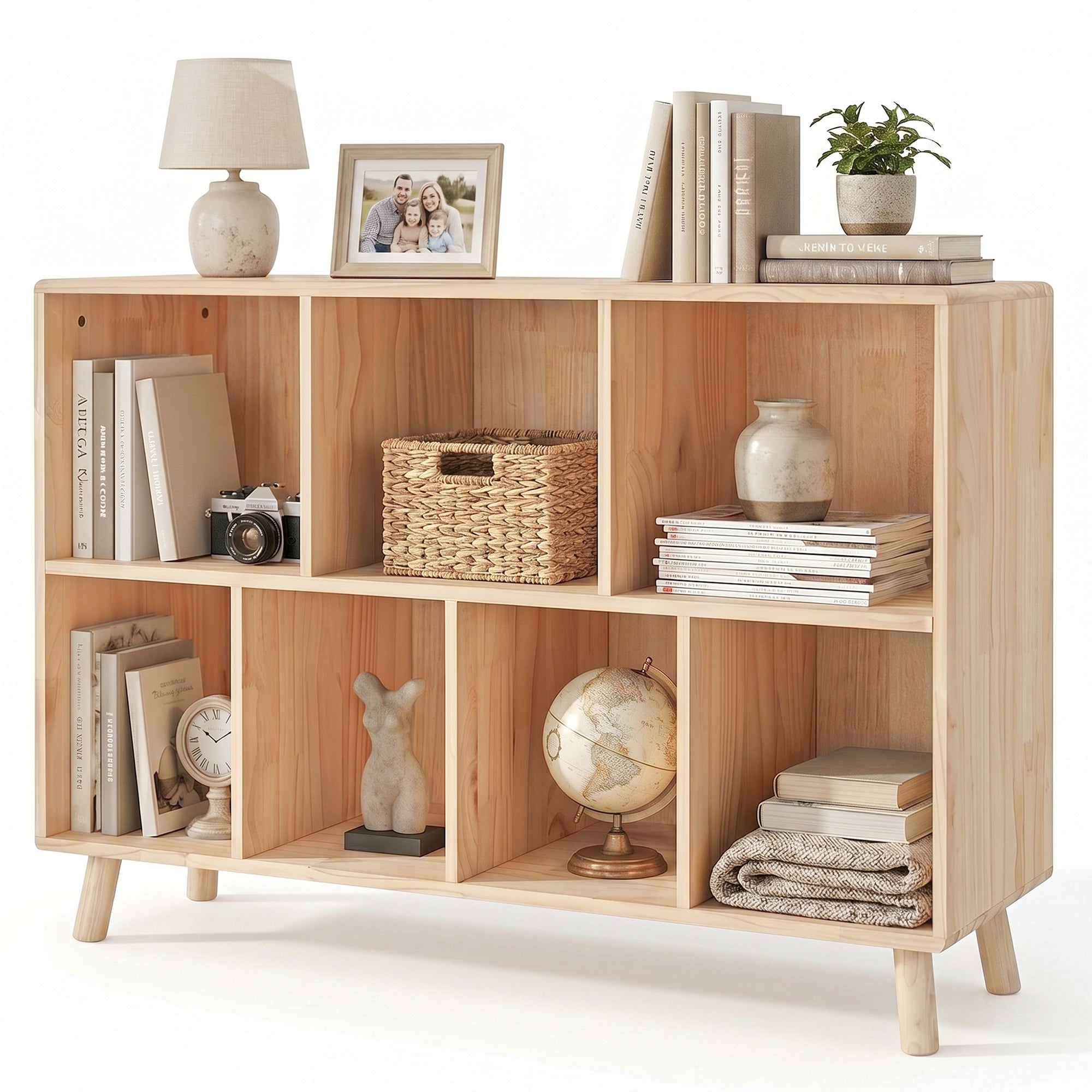 Pine Wood 7 Cube Bookshelf, 45.0'L x 28.5' H Storage Organizer for Books/Toys/Home, Modern Wooden Bookcase for Home/Office | 