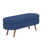 Ottoman Oval Storage Bench with Rubber Wood Legs in Blue Linen with Foam Padding - Grand Goldman Shop