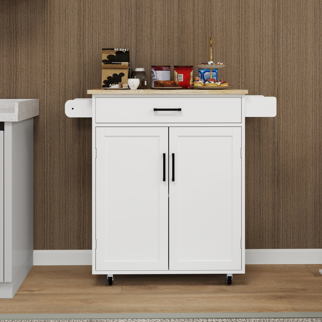 Kitchen island rolling trolley cart with 1 drawer & 2 doors with storage racks & Adjustable Shelves & towel rack & seasoning rack rubber wood table top-White - Grand Goldman Shop