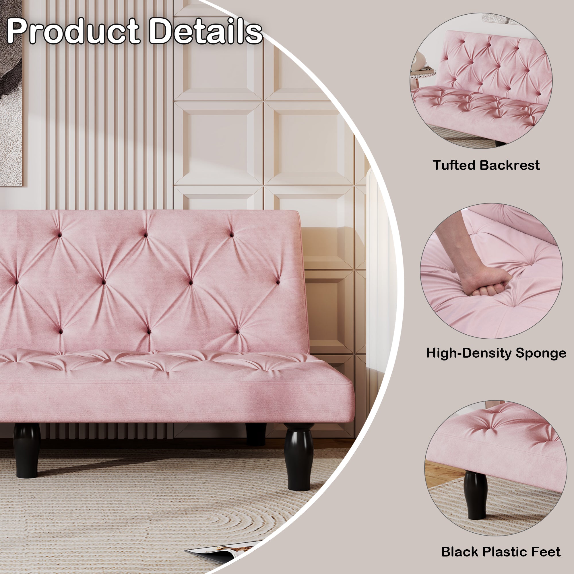 Sofa to Sofa Bed Transformation: 66' Pink Velvet Sofa Bed, Ideal for Family Living Rooms, Apartments & Bedrooms - Grand Goldman Shop