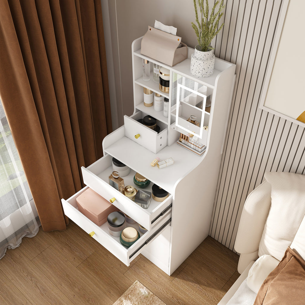 3-in-1 Dressing Table with LED Mirror & Storage Stool, Compact Makeup Vanity, White MDF, 50.39x19.69x15.75 inches - Grand Goldman Shop