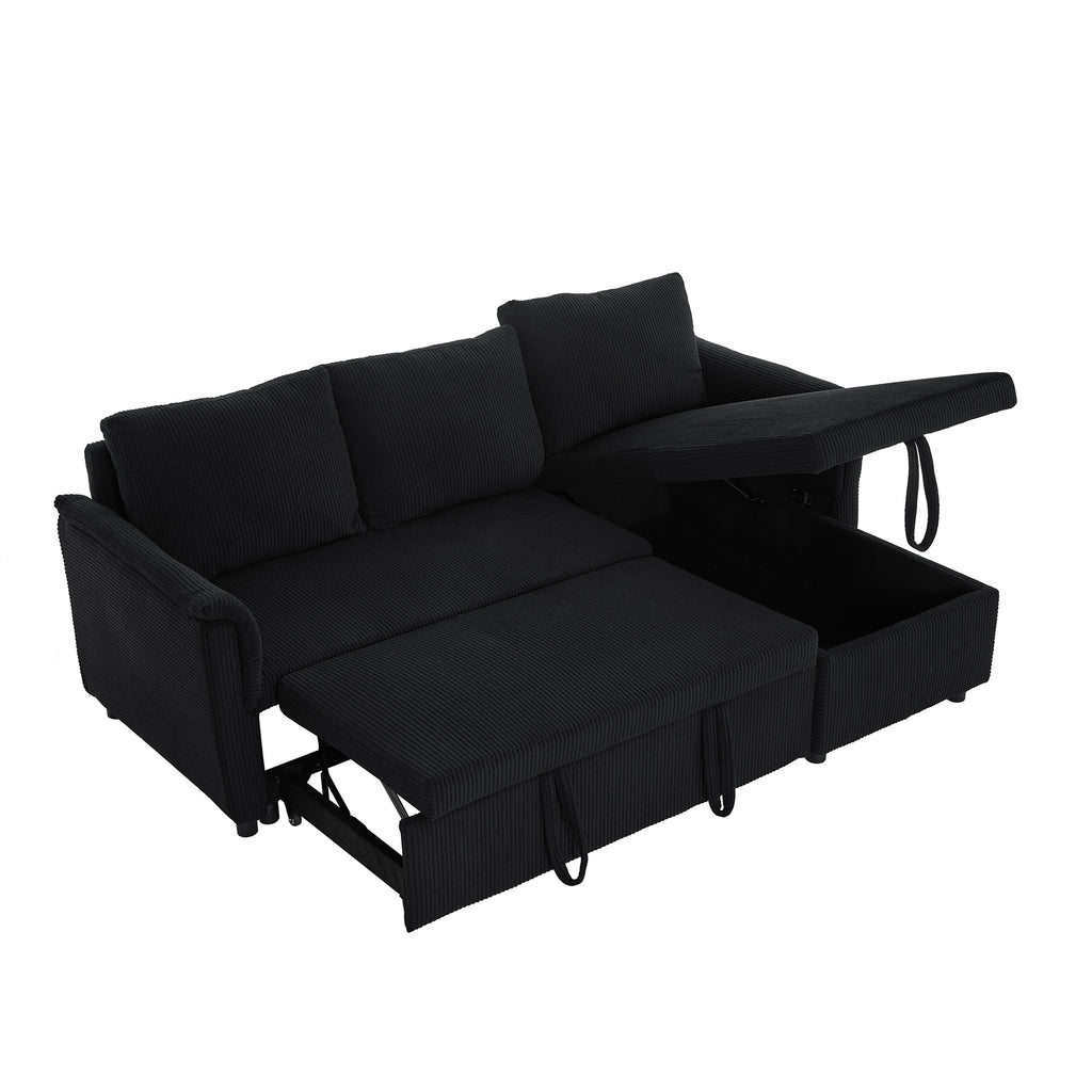 Loveseat Sofa with Chaise Lounge L-Shaped Modular Convertible Sofa with Storage Chaise, Corduroy Tufted Upholstered Sleeper Sectional Sofa,Pull Out Sleep Couch Bed and Reclining Backrest-Black - Grand Goldman Shop