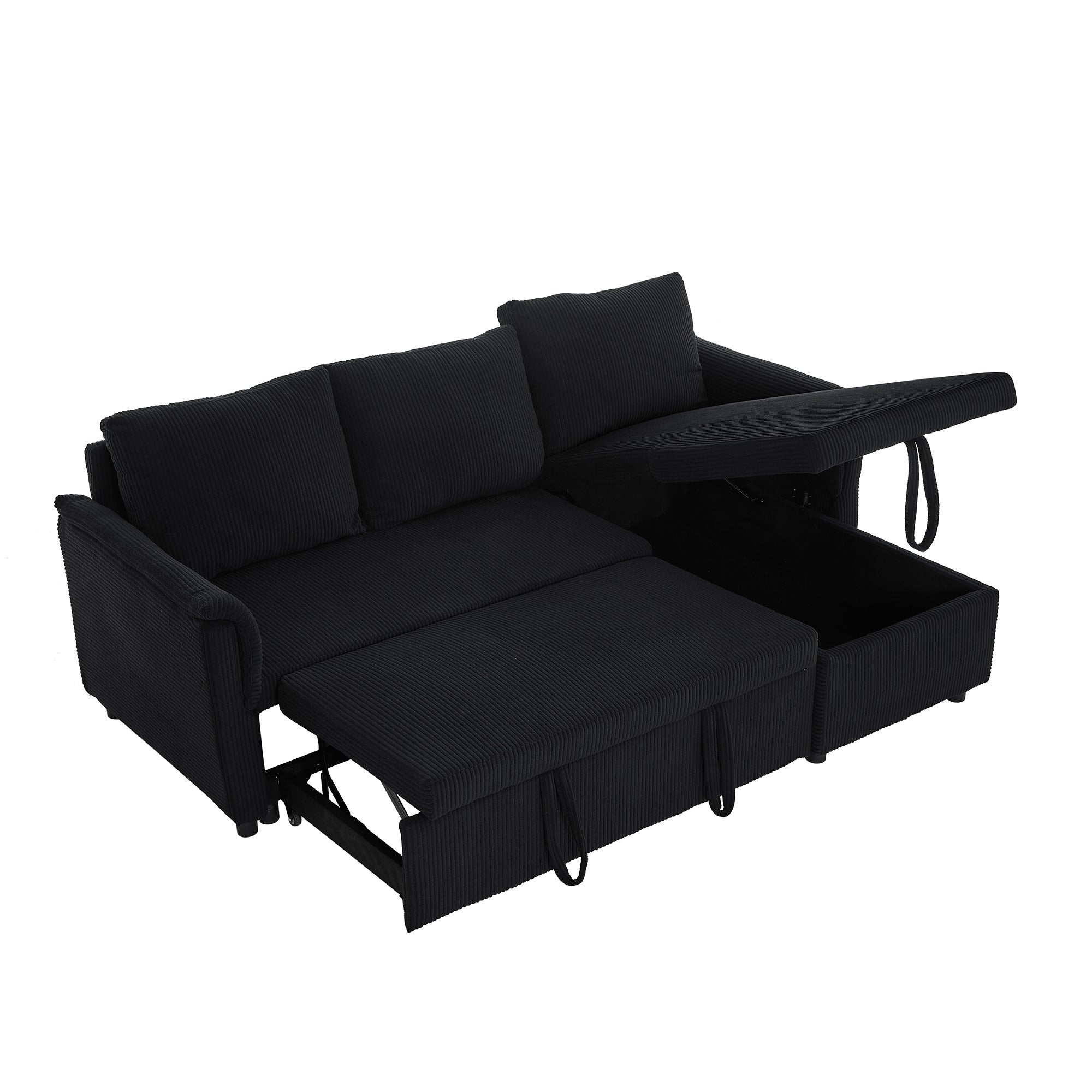 Loveseat Sofa with Chaise Lounge L-Shaped Modular Convertible Sofa with Storage Chaise, Corduroy Tufted Upholstered Sleeper Sectional Sofa,Pull Out Sleep Couch Bed and Reclining Backrest-Black - Grand Goldman Shop