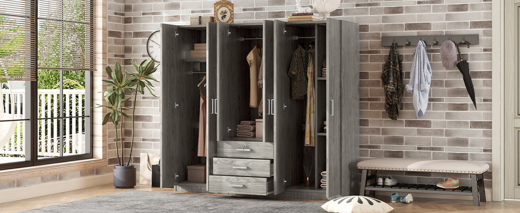 6-Doors Wooden Wardrobe Storage for Bedroom, with Big Drawers, Gray - Grand Goldman Shop