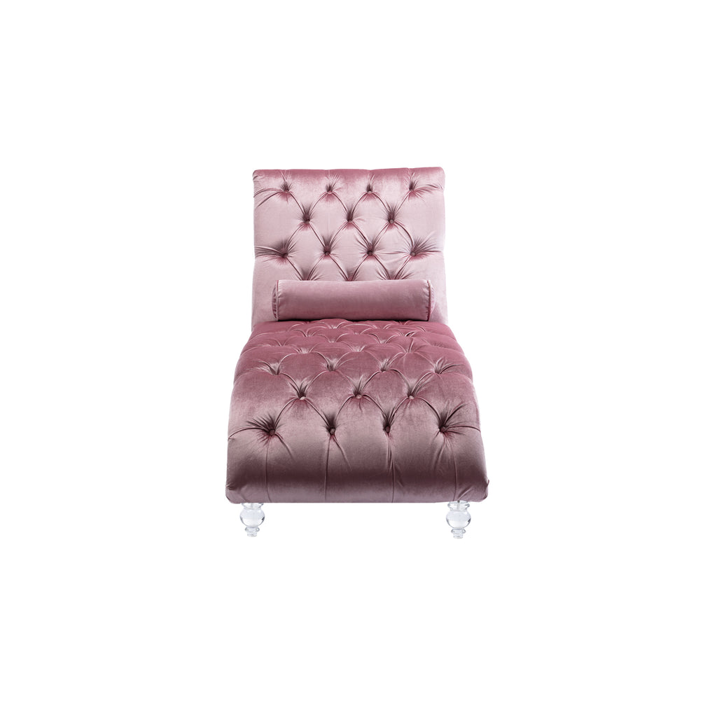 Velvet Chaise Lounge Indoor, Button-Tufted Upholstered Chaise Lounge Chair with Pillow in Pink Velvet, Comfortable Seating for Bedroom Living Room Office - Grand Goldman Shop