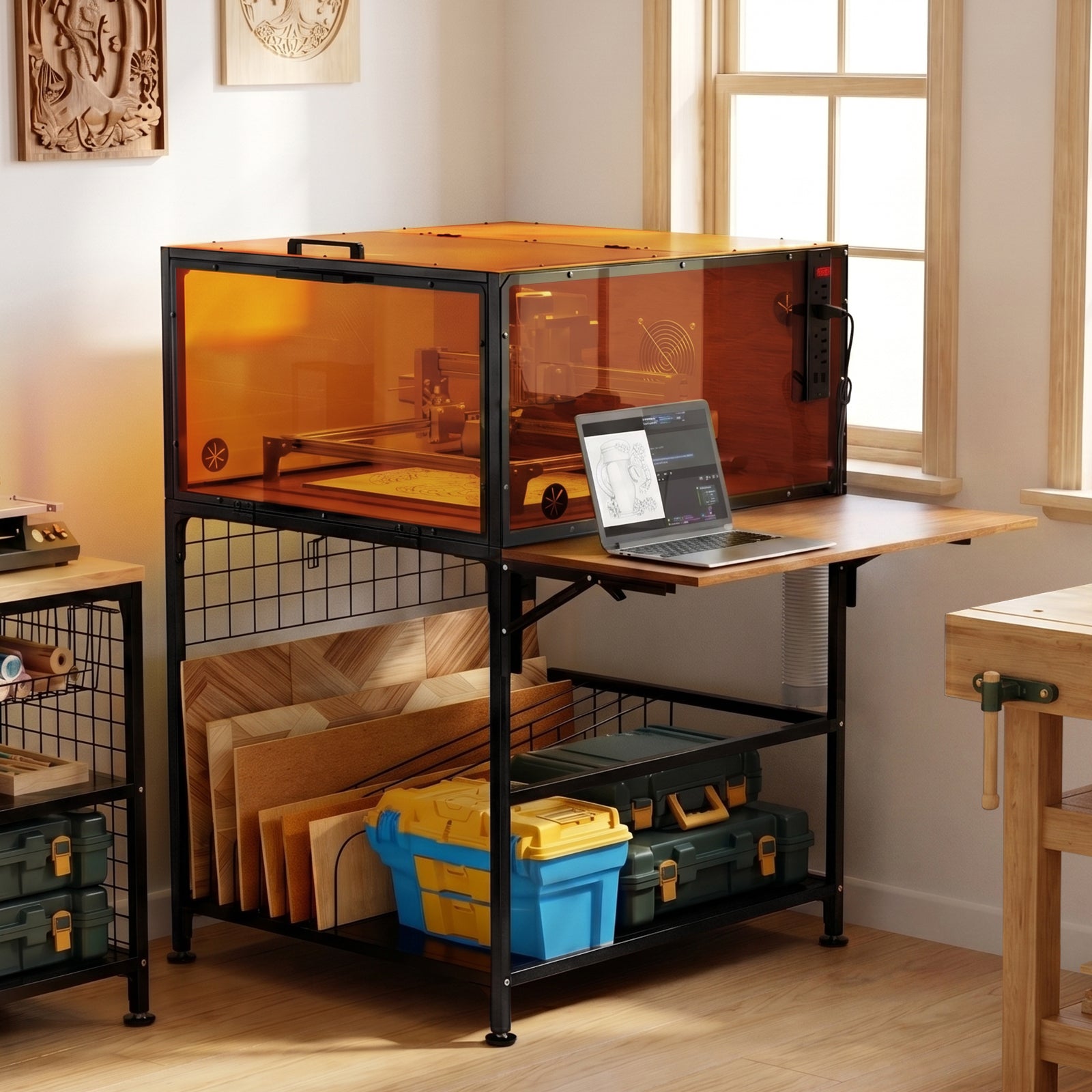 Laser Engraver Enclosure Cabinet with Exhaust Fan 6000RPM for Most Laser Cutter, Storage & Foldable Side Panel, Metal Laser E