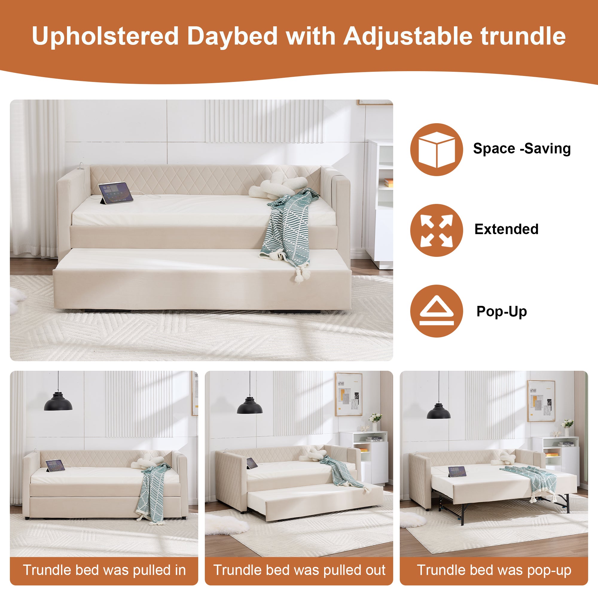 Beige velvet daybed, sturdy wooden bed frame, modern diamond grid pull-out design, perfect for bedroom, living room furniture - Grand Goldman Shop
