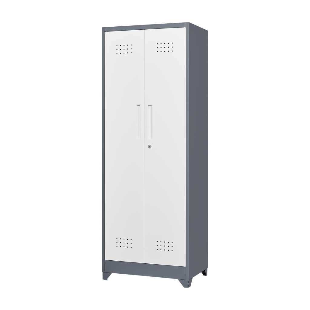 Heavy Duty Grey Metal Storage Cabinet with Locking Doors, Hanging Rod & Shelves, 65' H Broom Closet for Garage or Basement - 