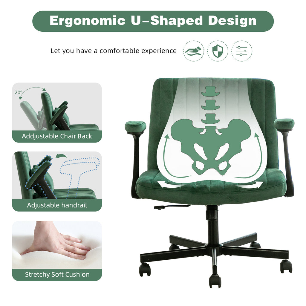 Green Velvet Criss Cross Armrest Office Chair with Wheels - Modern for Home Office, Meditation & Creative Work - Grand Goldma