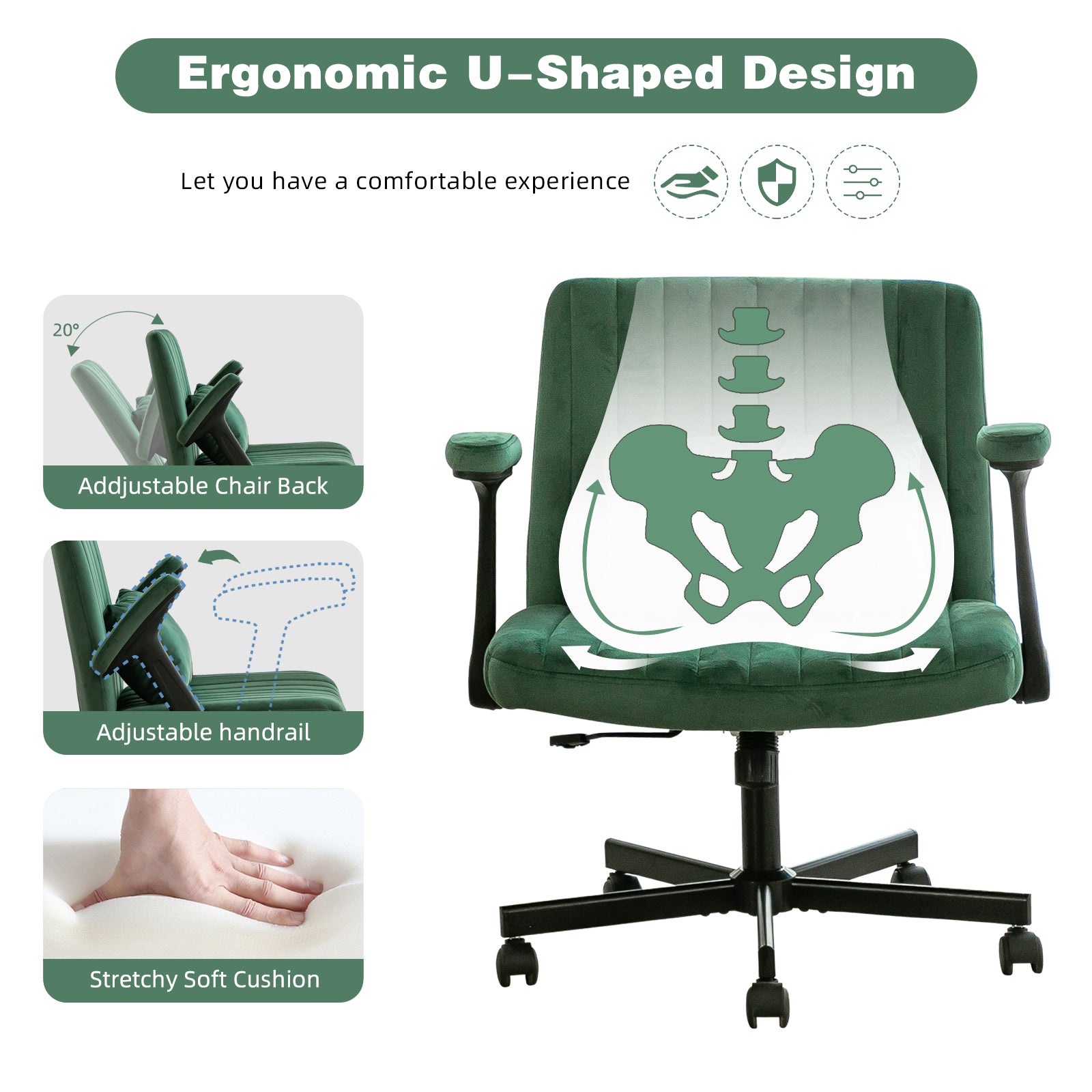 Green Velvet Criss Cross Armrest Office Chair with Wheels - Modern for Home Office, Meditation & Creative Work - Grand Goldma