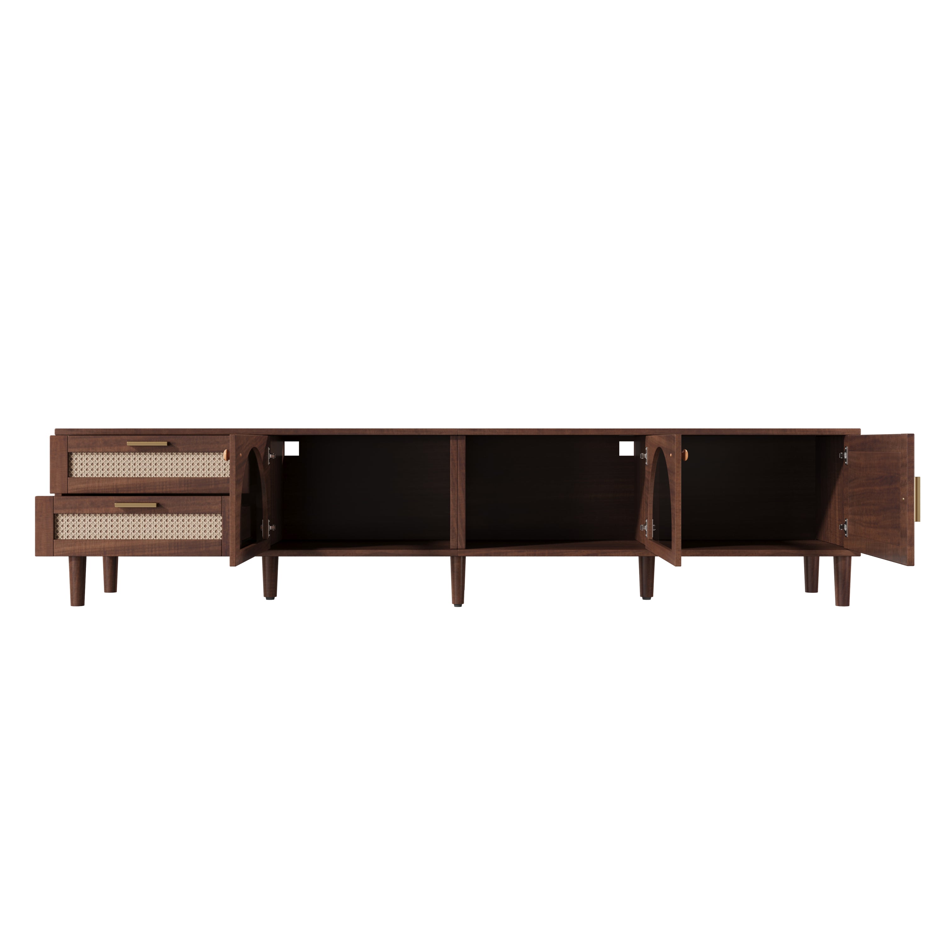 Modern 86 inch TV Stand for TVs up to 90 inches, Dark Brown Rattan Design with App-Controlled LED Lights, 2 Drawers & Glass Door Storage, MDF and Solid Wood Media Console - Grand Goldman Shop