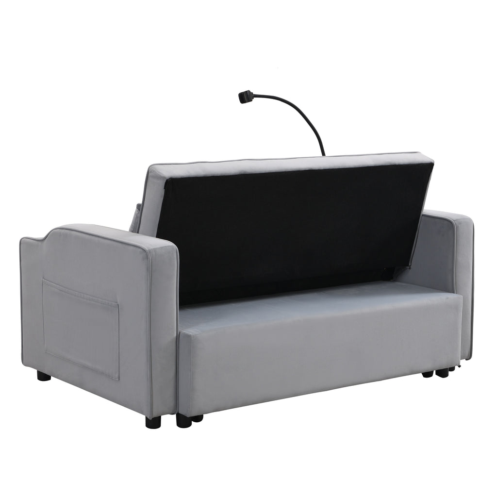 Modern Velvet Loveseat Futon Sofa Couch with Pullout Bed, Adjustable Backrest, Toss Pillows, Light Gray - Grand Goldman Shop