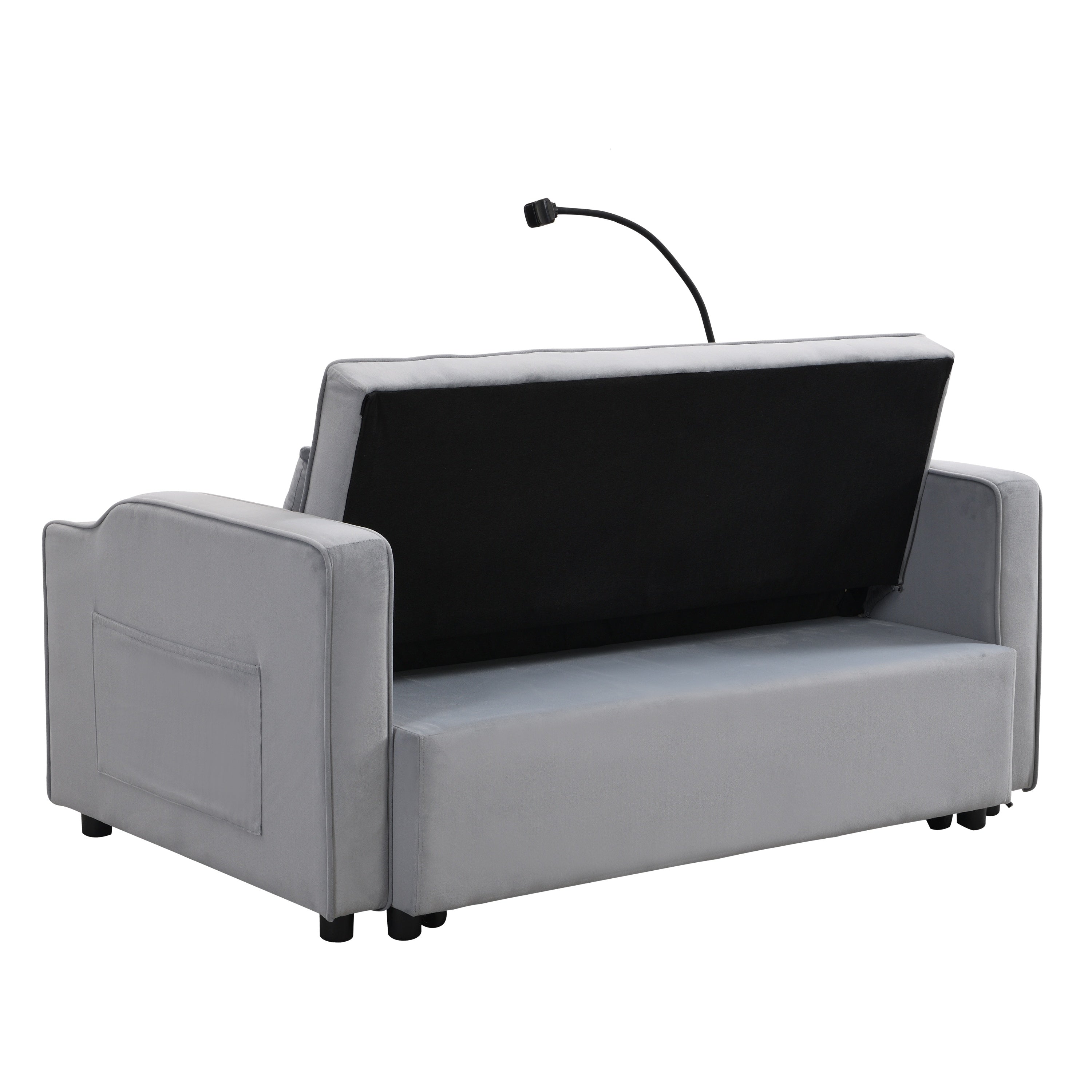 Modern Velvet Loveseat Futon Sofa Couch with Pullout Bed, Adjustable Backrest, Toss Pillows, Light Gray - Grand Goldman Shop