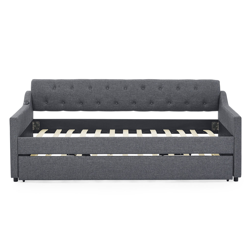 Twin Size Upholstered Daybed with Trundle and USB Charging, Dark Gray Linen - Grand Goldman Shop