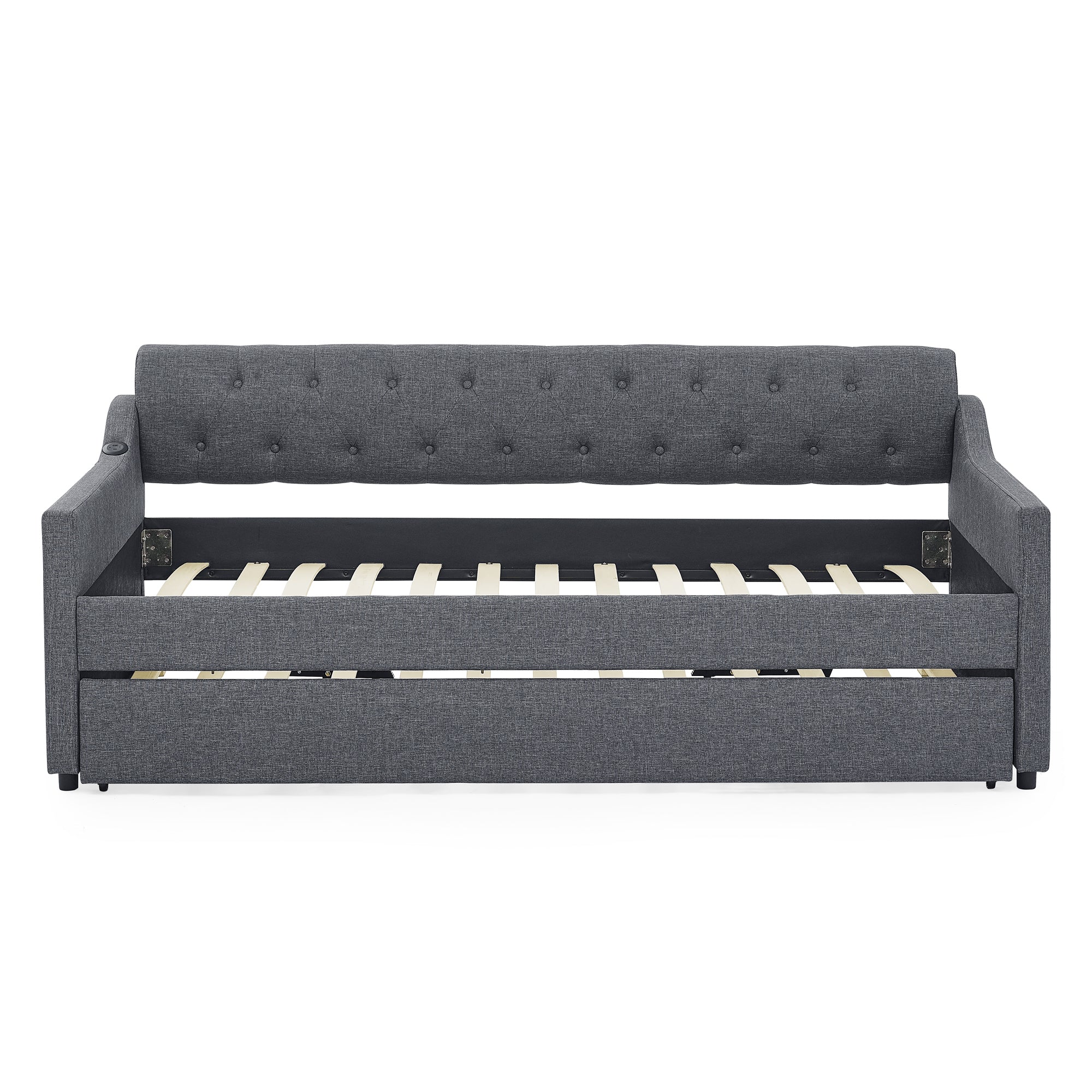Twin Size Upholstered Daybed with Trundle and USB Charging, Dark Gray Linen - Grand Goldman Shop