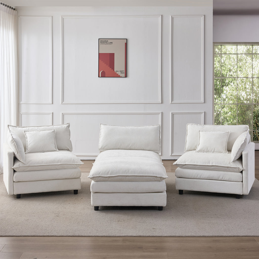 105' Modular Sectional Couch,Upholstered Soft Chenille Fabric Sofa,3 Seater with Ottoman L Shape Sofa Beige - Grand Goldman Shop