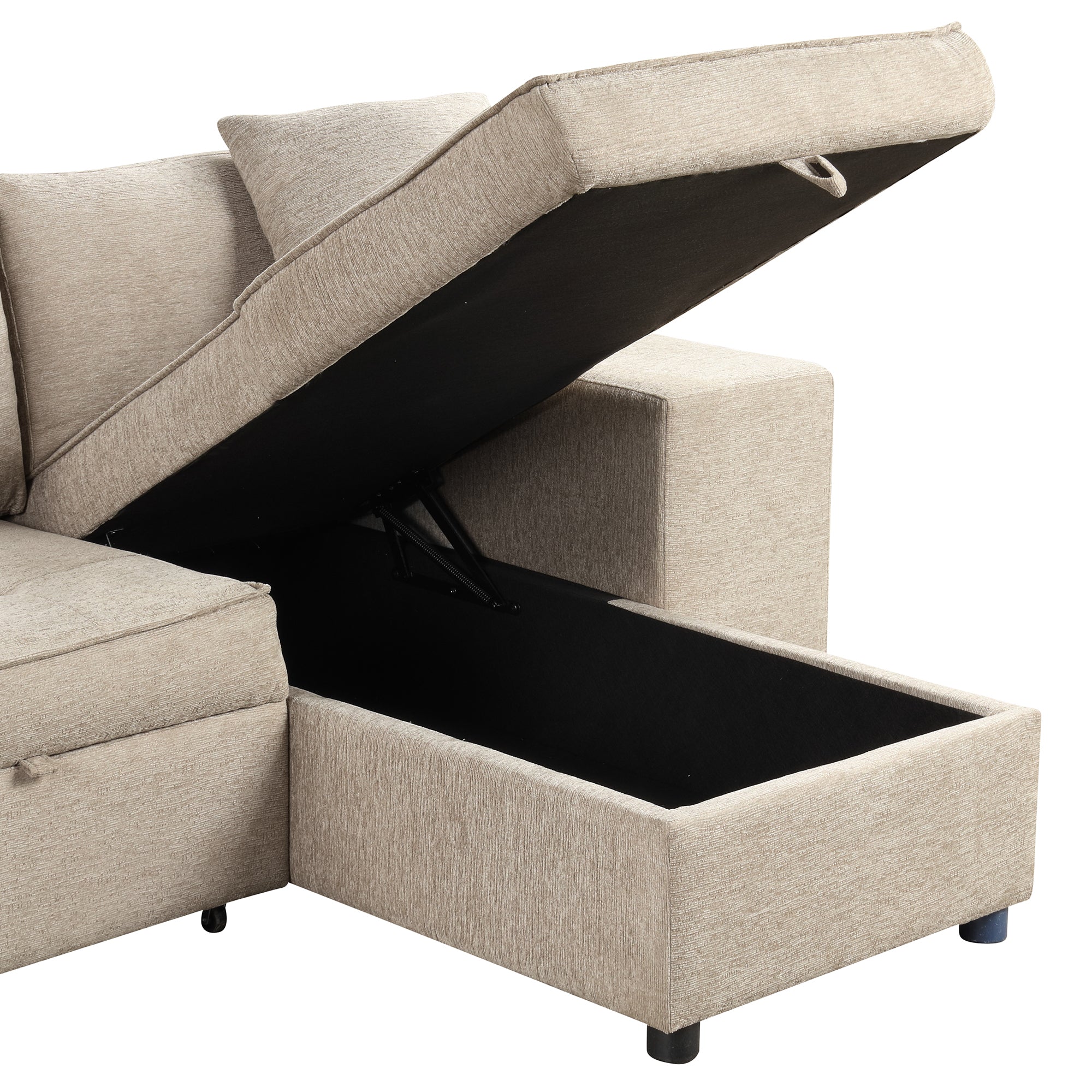Modern L-Shape 3 Seat Reversible Sectional Couch with Pull Out Sleeper, Storage Chaise & 2 Stools, Cream, Linen Chenille - Grand Goldman Shop