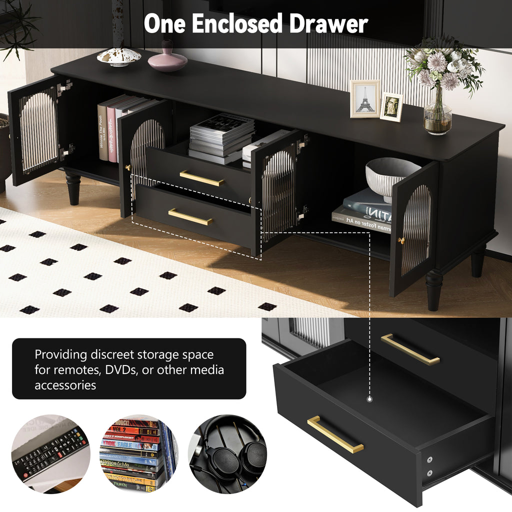 68.9'' Retro TV Stand for TVs up to 75 Inches, Entertainment Center Media Console with Fluted Glass Doors and Five Solid Wood Legs for Living room - Grand Goldman Shop