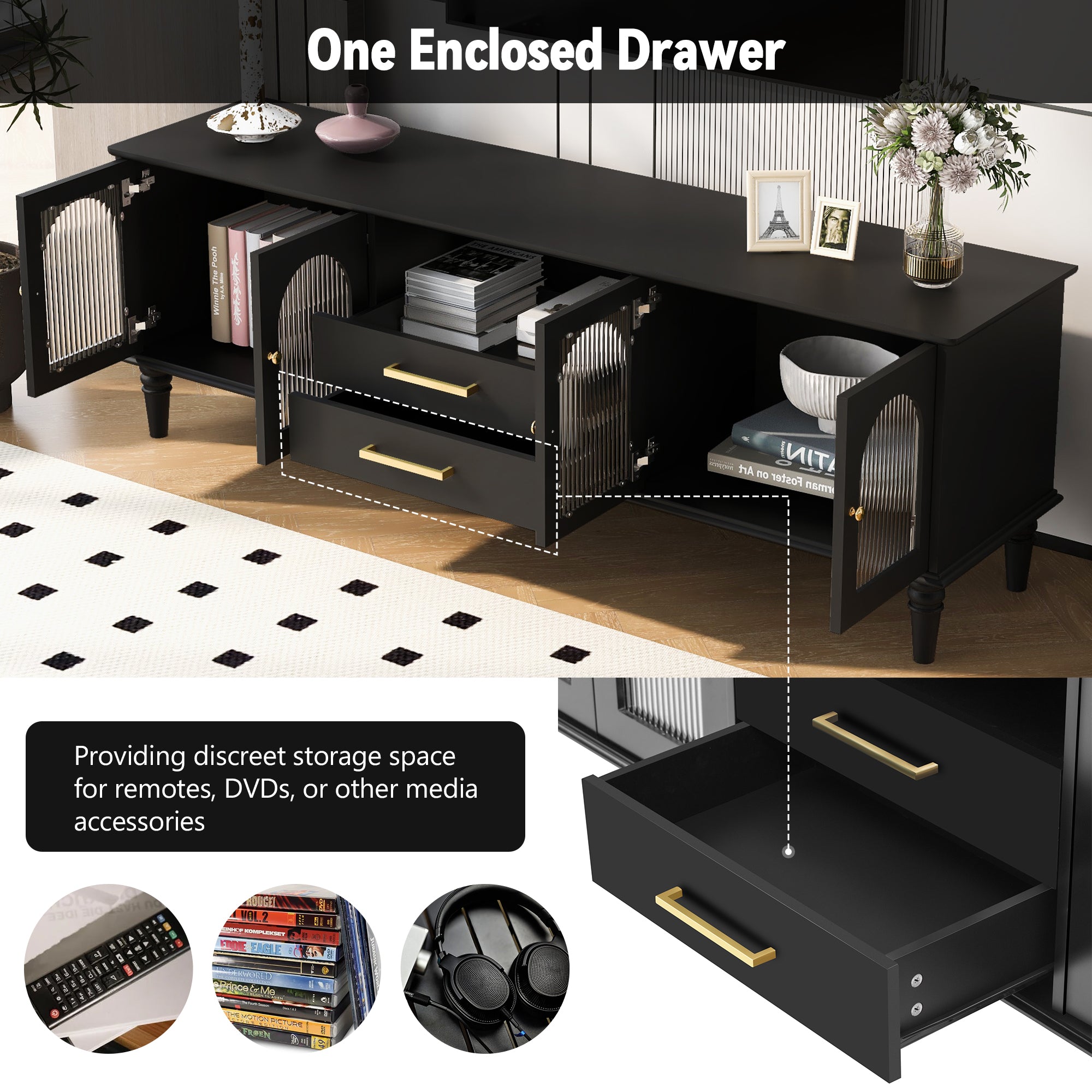 68.9'' Retro TV Stand for TVs up to 75 Inches, Entertainment Center Media Console with Fluted Glass Doors and Five Solid Wood Legs for Living room - Grand Goldman Shop