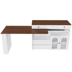 Kitchen Island with Extendable & Rotating Table, MDF with Walnut Veneer Retro Design, 4 Drawers & Glass Door Cabinets with Built-in Socket, Expandable Dining Station for 2-4 Person - Grand Goldman Shop