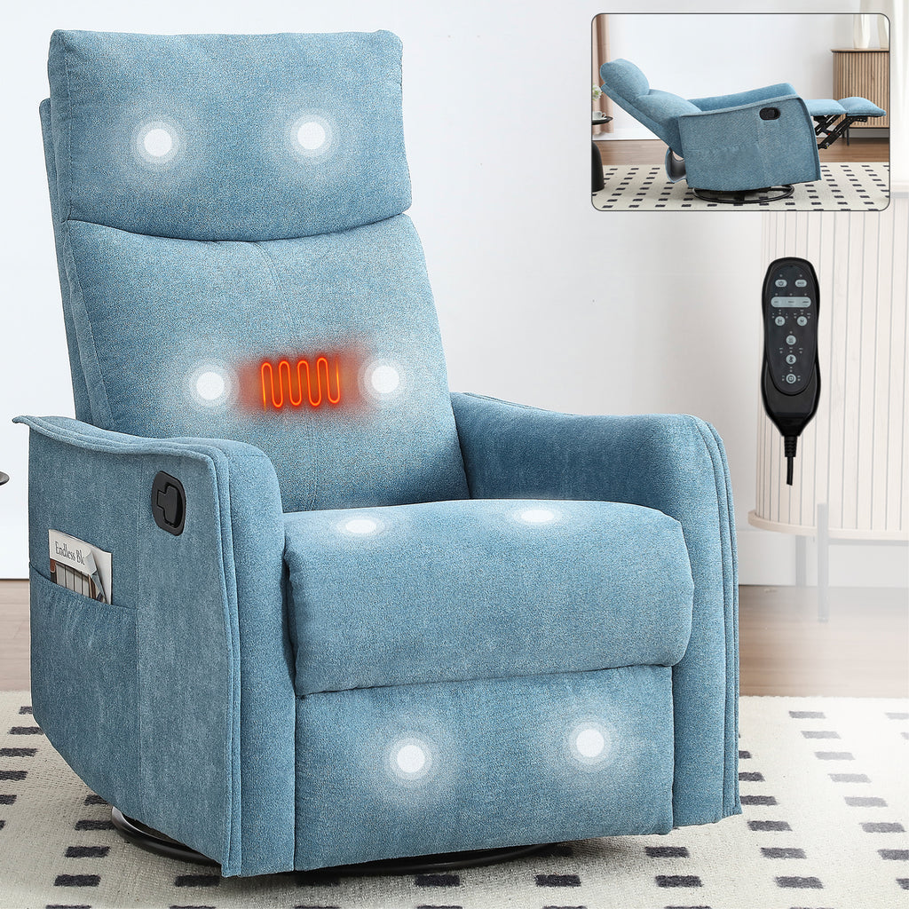 Heat Massage Manual Recliner Chair with Rocker and Swivel in Fabric for Living Room, Blue - Grand Goldman Shop