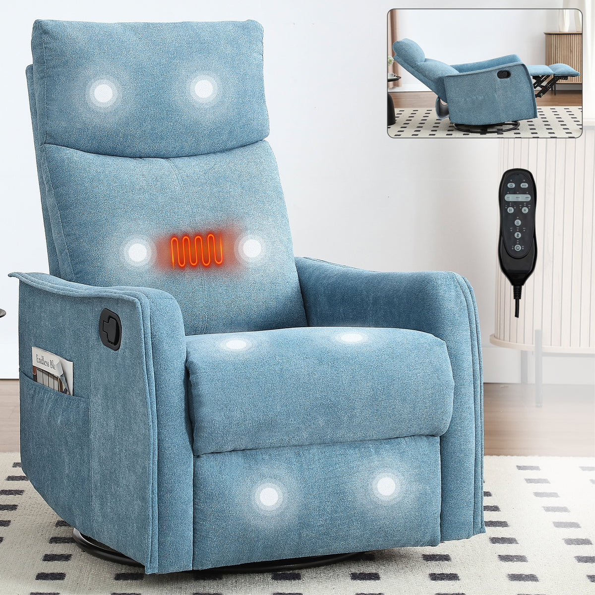 Heat Massage Manual Recliner Chair with Rocker and Swivel in Fabric for Living Room, Blue - Grand Goldman Shop
