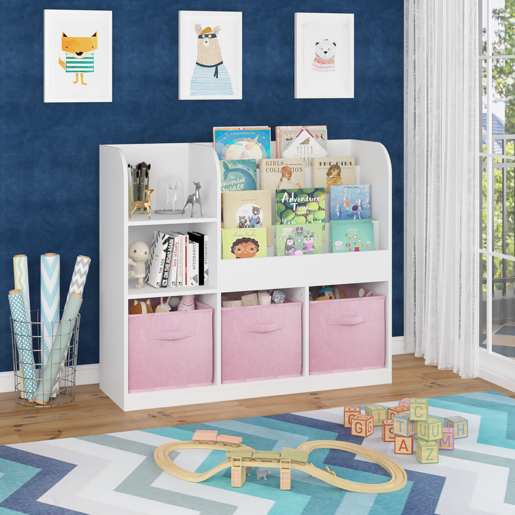 Kids Bookcase and Bookshelf with 3 Collapsible Fabric Drawers, Multifunctional White/Pink Display Stand for Bedroom, Playroom