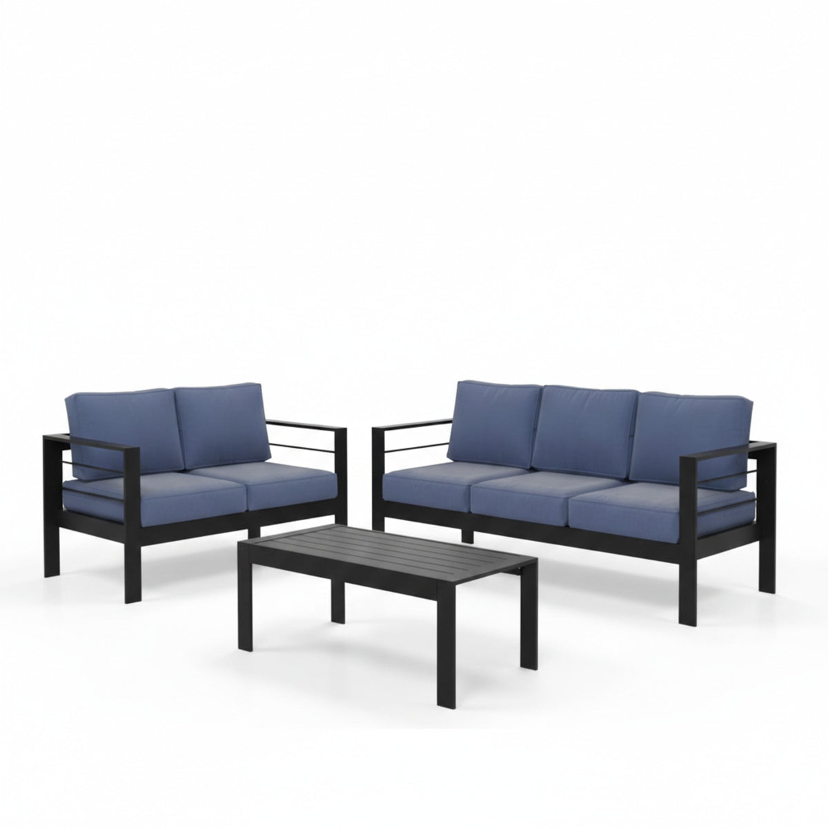 Modernes dreiteiliges Aluminium-Patio-Sofa-Set mit blauen Olefin-Kissen, schwarz pulverbeschichtetem Rahmen und WPC-Couchtisch