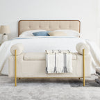 Elegant Upholstered Linen Storage Bench with Cylindrical Arms and Iron Legs, Beige - Grand Goldman Shop