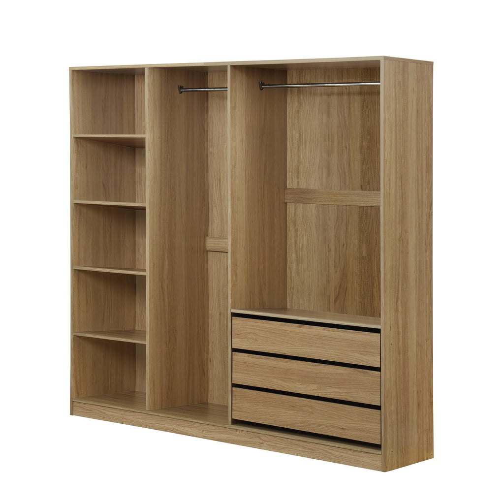 Doorless Wooden Storage Wardrobe for Dedroom with Shelves and 3 Drawers,Nature - Grand Goldman Shop