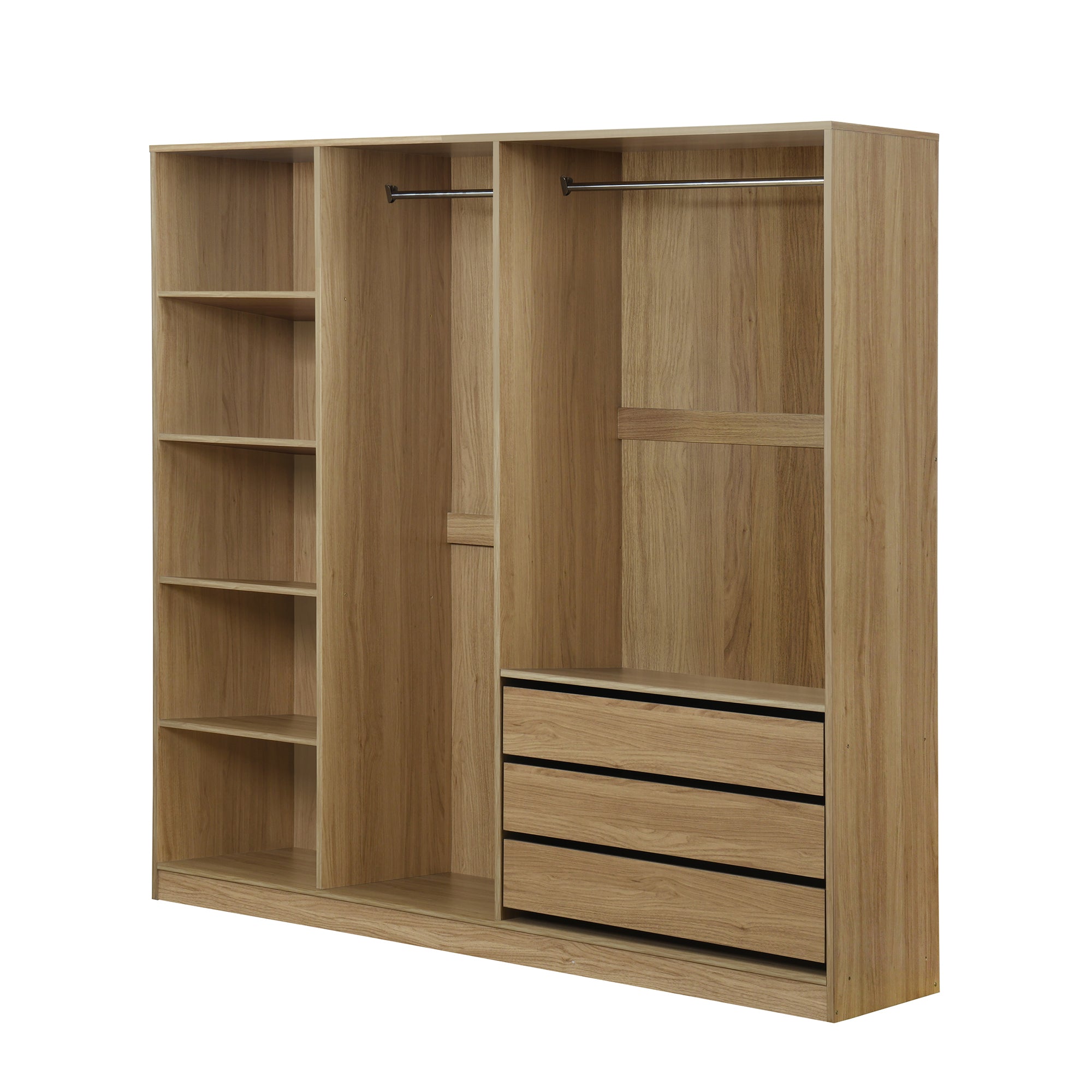 Doorless Wooden Storage Wardrobe for Dedroom with Shelves and 3 Drawers,Nature - Grand Goldman Shop