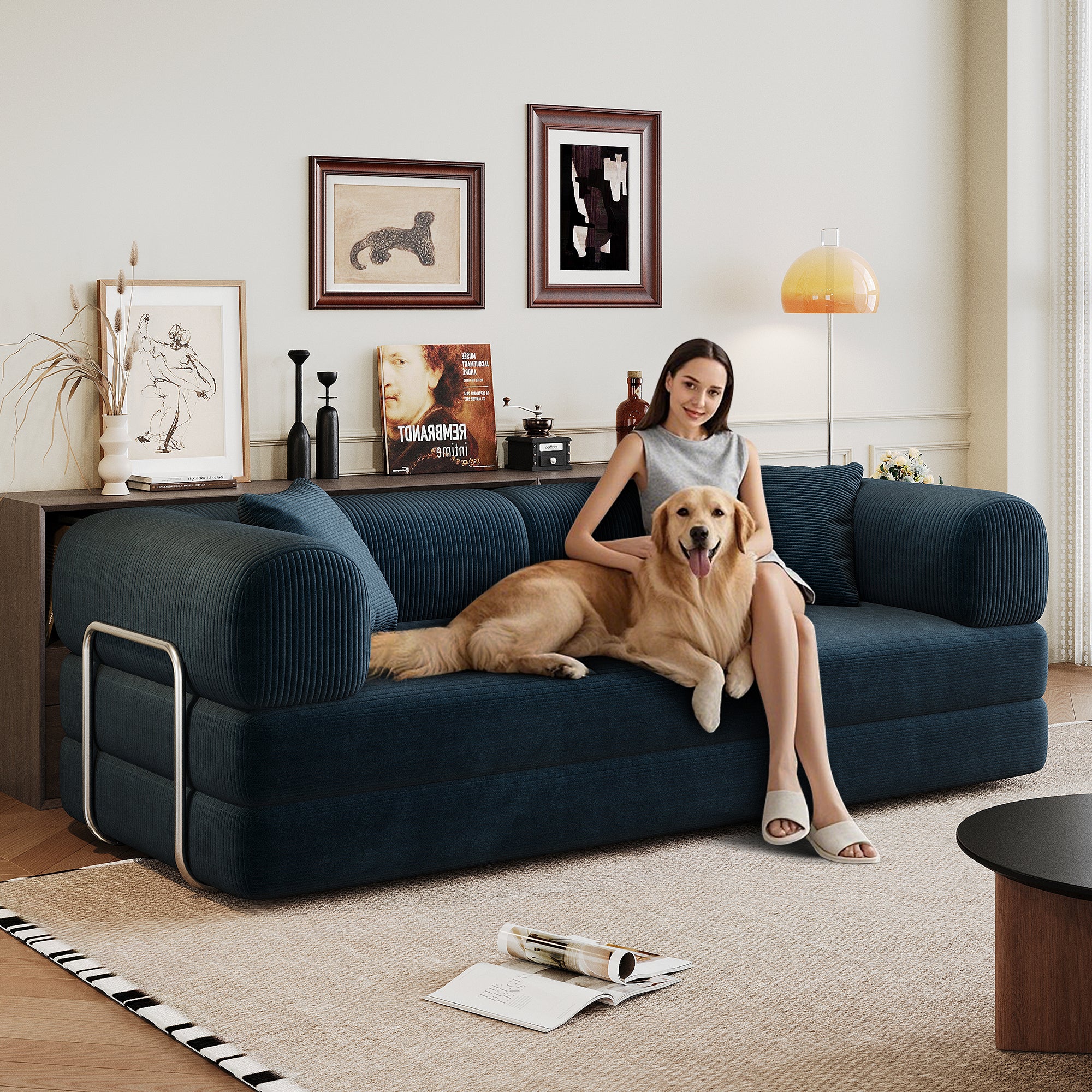 78.8' Compression Sofa,Convertible Floor Sofa Bed-with Pillow Back Support Armrest,Comfy Futon Couch Sleeper Bed,Loveseats Boneless Modular Sectional Sofa,Corduroy fabric,for Living Room,Bedroom,Blue - Grand Goldman Shop