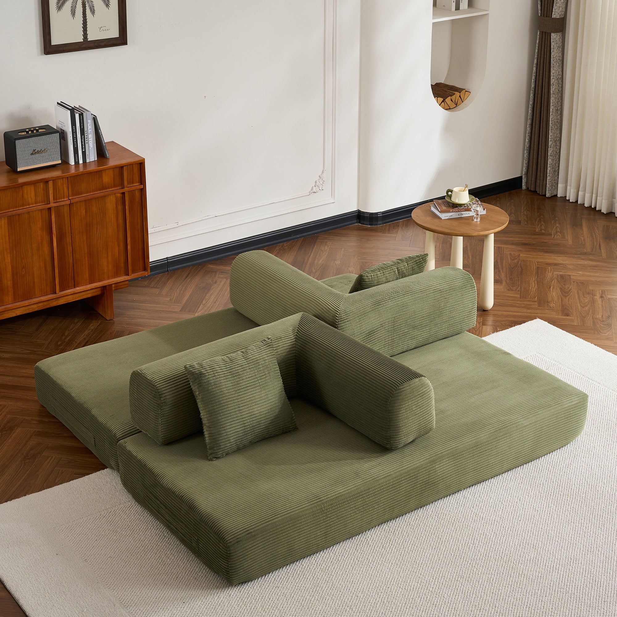 Convertible Sleeper Sofa Bed with Cylindrical Pillow, Corduroy Folding Mattress Couch with Fixed-Shape Frame, Floor Sofa Lounge Couch for Living Room Bedroom (Green) - Grand Goldman Shop