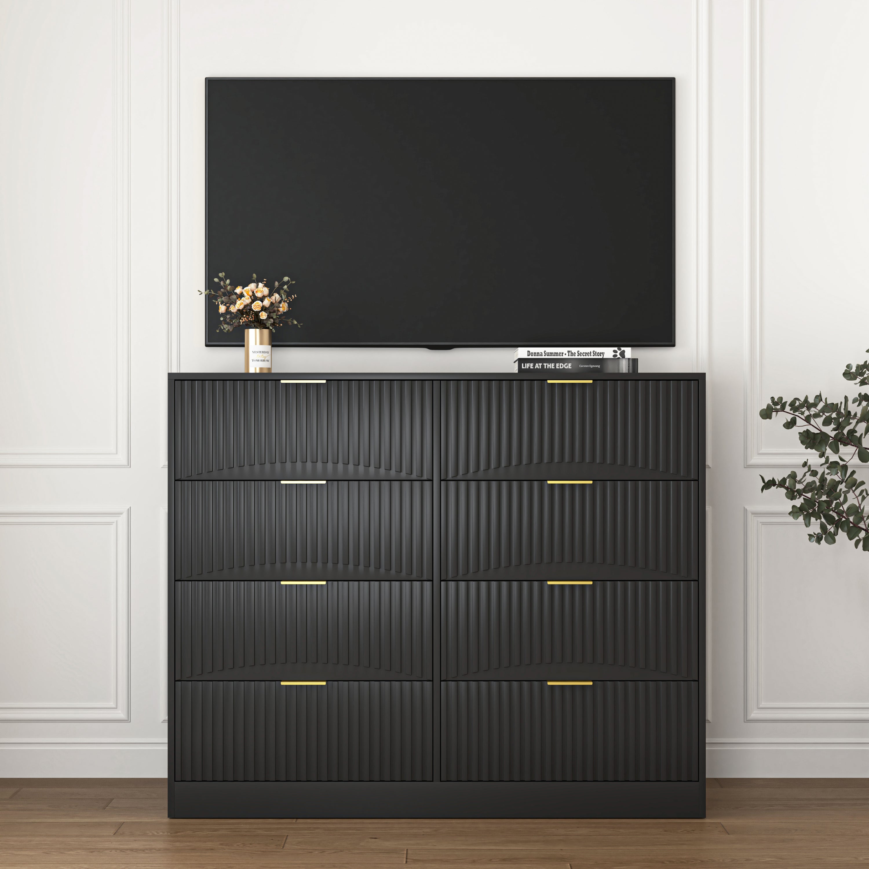 Modern 8 Drawers Dresser Chests for Bedroom,47.2' Wide Wood Chest of Drawers with Gold Metal Handle,Drawer Organizer for Bedroom,Living Room,Hallway and Entryway,Black - Grand Goldman Shop