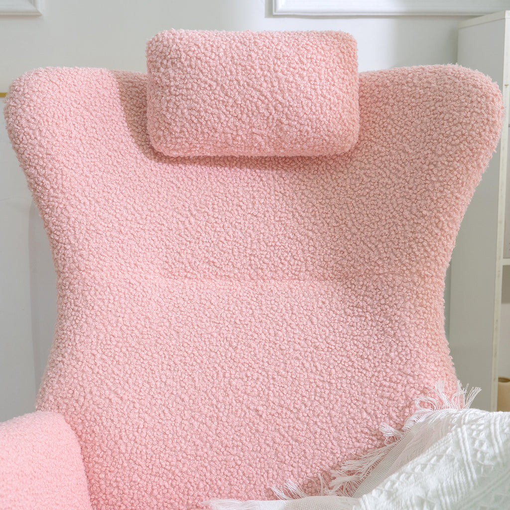 Rocking Chair Nursery, Teddy Upholstered Rocker Glider Chair with High Backrest, Adjustable Headrest & Pocket, Comfy Glider Chair for Nursery, Bedroom, Living Room, Offices, Rubber wood, pink - Grand Goldman Shop
