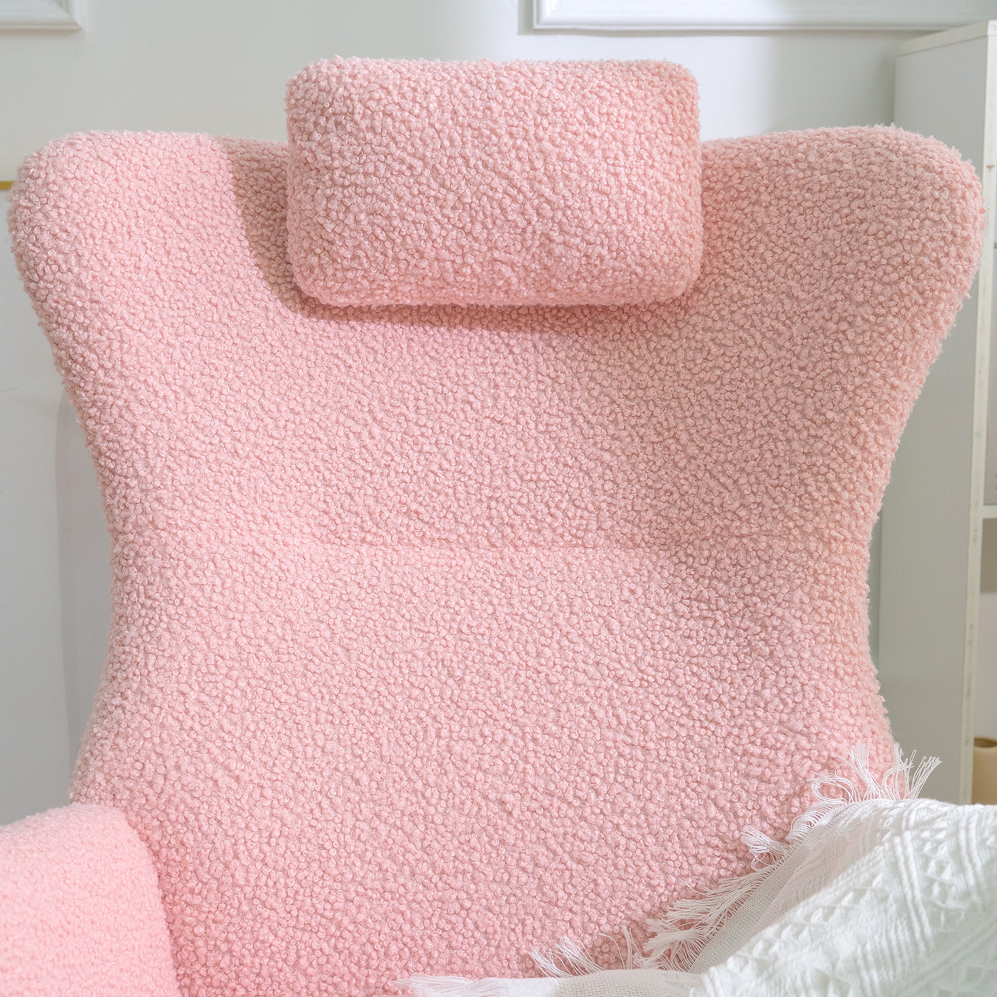 Rocking Chair Nursery, Teddy Upholstered Rocker Glider Chair with High Backrest, Adjustable Headrest & Pocket, Comfy Glider Chair for Nursery, Bedroom, Living Room, Offices, Rubber wood, pink - Grand Goldman Shop