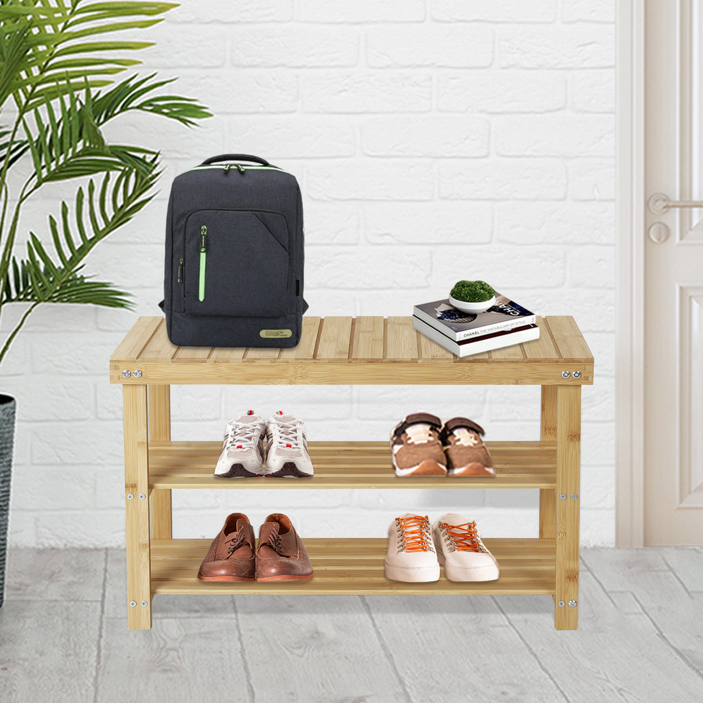 Hofitlead 27.5' Shoe Rack Solid Wood Shoe Bench, 3-Tier Shoe Organizer for Entryway Hallway(Light Brown) - Grand Goldman Shop