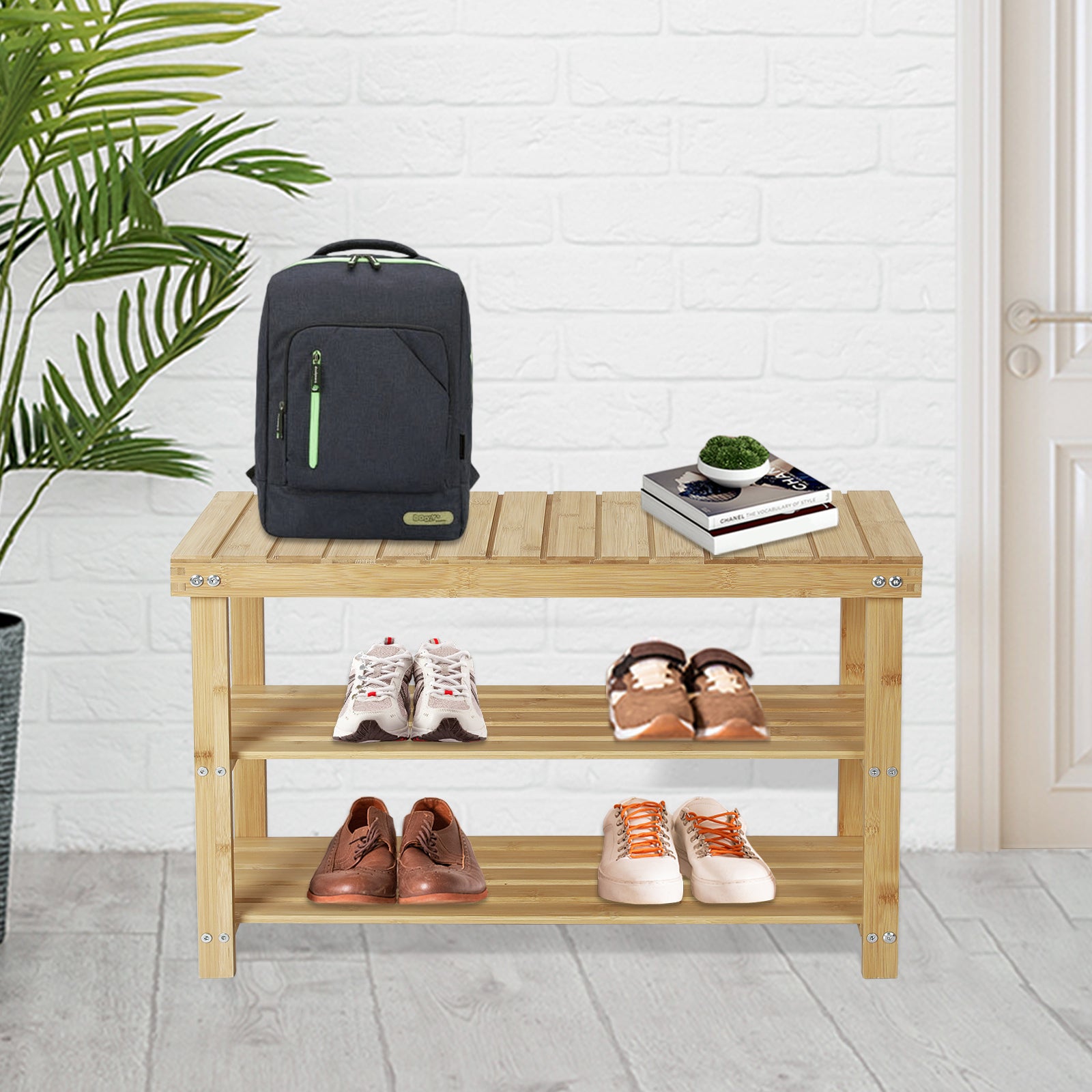 Hofitlead 27.5' Shoe Rack Solid Wood Shoe Bench, 3-Tier Shoe Organizer for Entryway Hallway(Light Brown) - Grand Goldman Shop