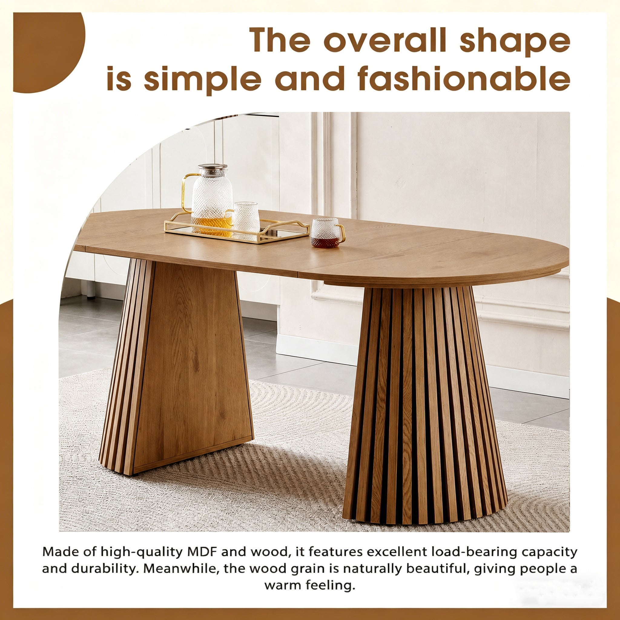 Wooden Dining Table, Flexible and Extendable, Multi-functional and Space-saving, Fashionable Oval Design and Slatted Table Legs, Tea Table or Office Desk, Beautiful and Practical - Grand Goldman Shop