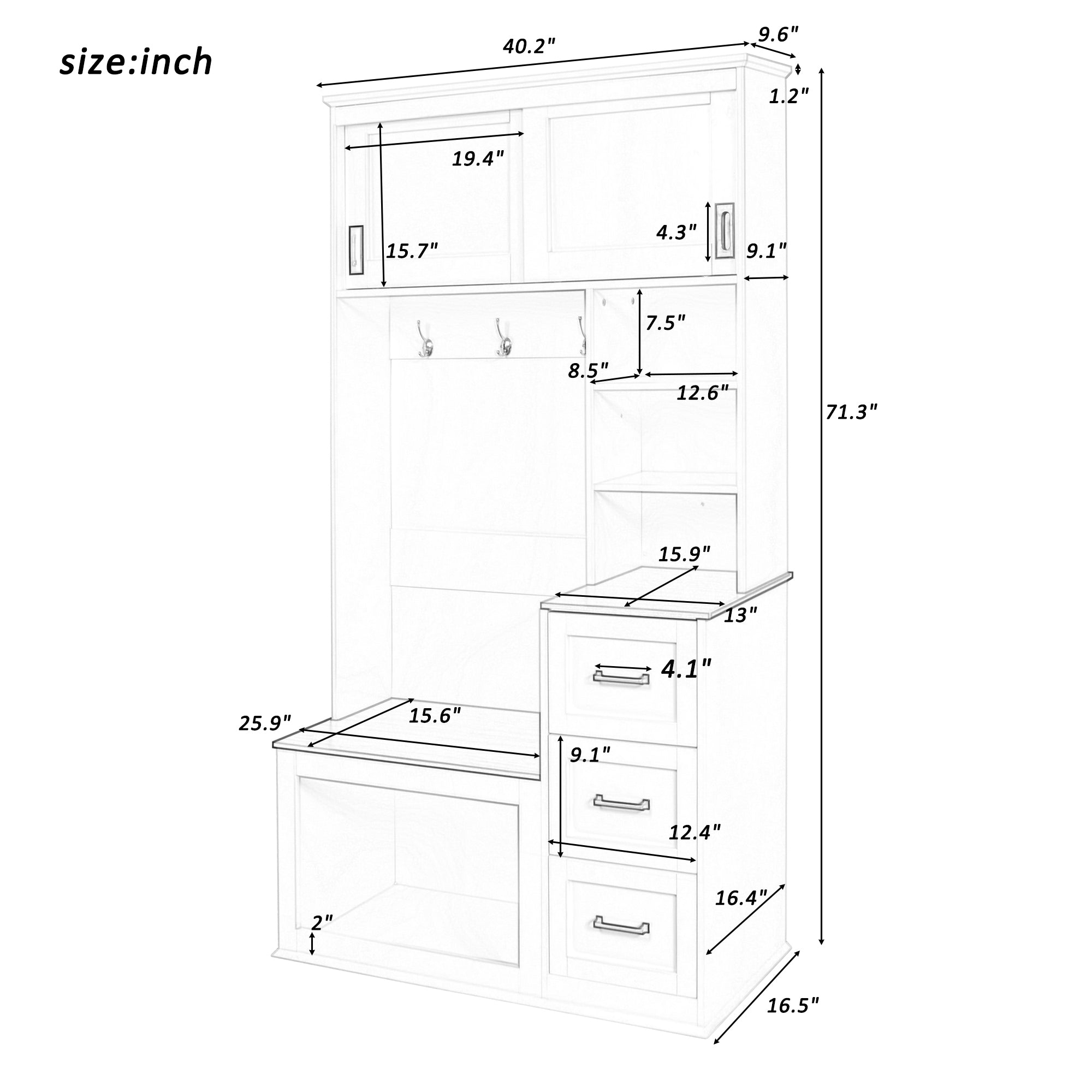 U-Can Modern Entryway Bench with Coat Rack, 3 Shelves and Drawers, 3 Sturdy Hooks, 40.2'' Wide Hall Tree with Storage Bench for Hallway, Entryway, Living Room - Grand Goldman Shop