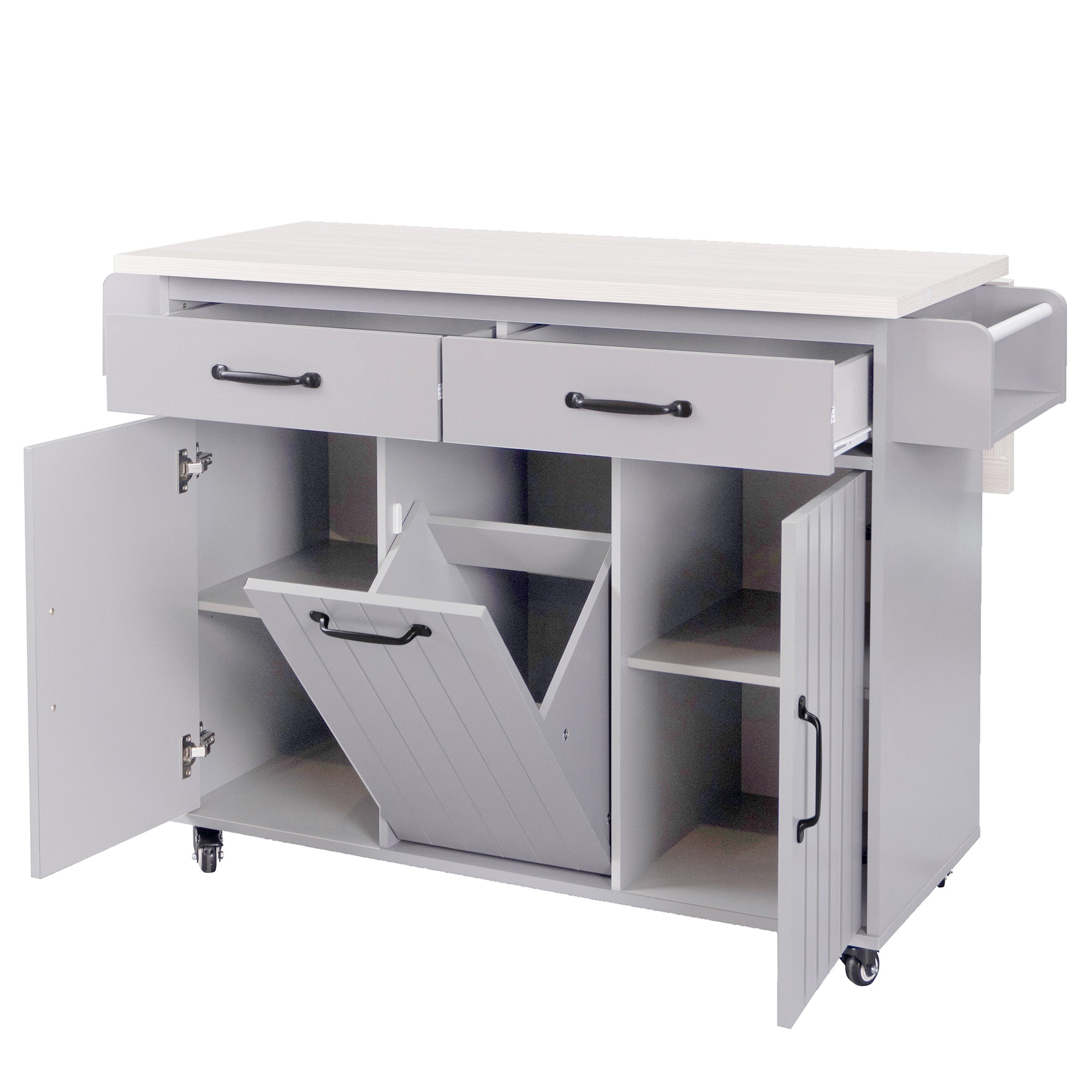 K&K Kitchen Island with Trash Can Storage Cabinet, Kitchen Cart with Drop Leaf, Spice Rack, Towel Rack and Drawer, Rolling Kitchen Island on Wheels with Adjustable Shelf, Grey - Grand Goldman Shop