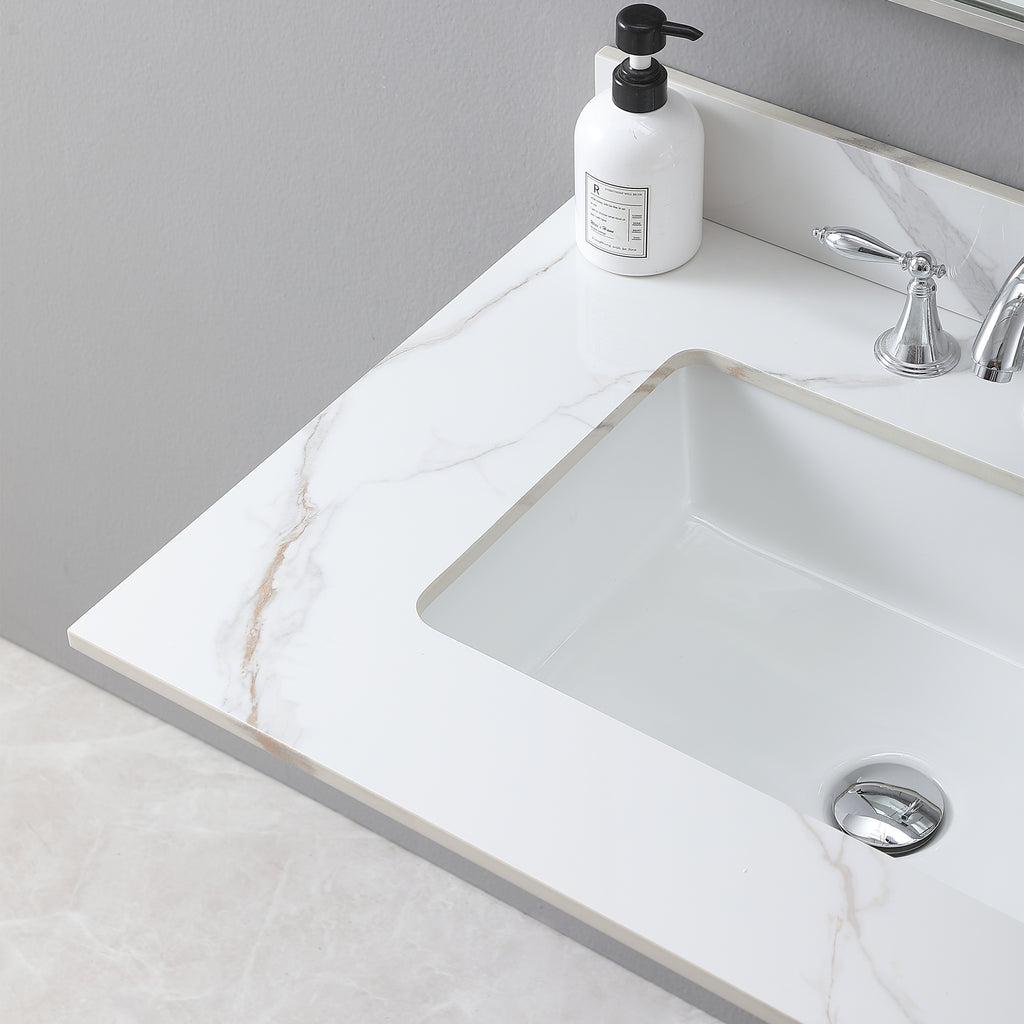 Montary 31inch bathroom vanity top stone carrara gold  new style tops with rectangle undermount ceramic sink  and back splash with 3 faucet hole  for bathrom cabinet - Grand Goldman Shop