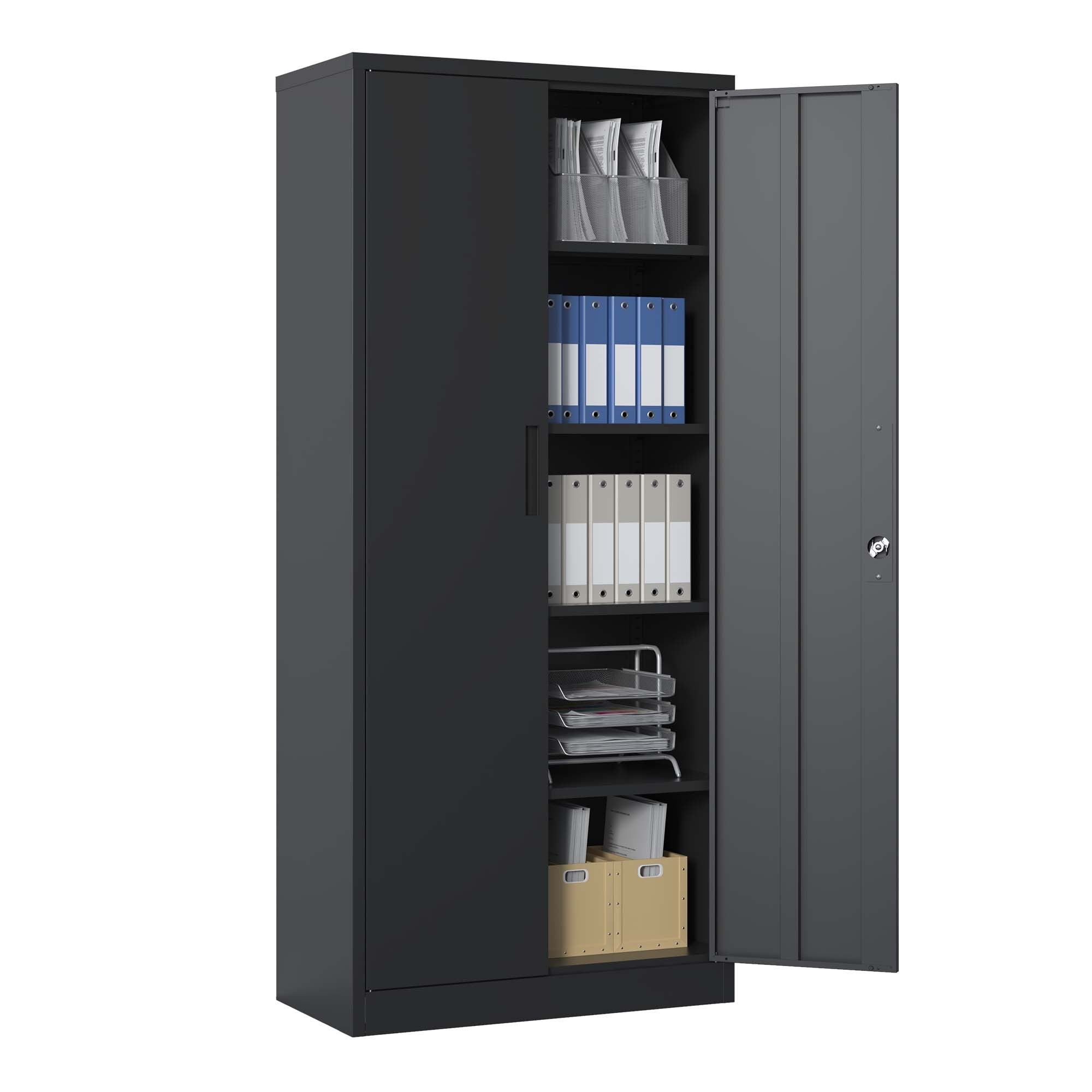 Heavy Metal 72'H Garage Storage Cabinet with Locking Doors, Black Steel, Adjustable Shelves - Grand Goldman