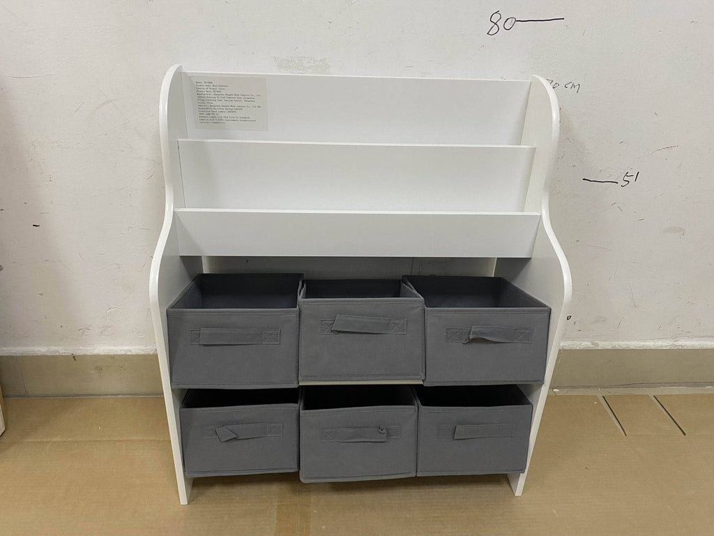 Kids Bookshelf with 6 Fabric Storage Bins, Multi-Functional Children's Bookcase and Toy Organizer, Front-Facing Display Shelf