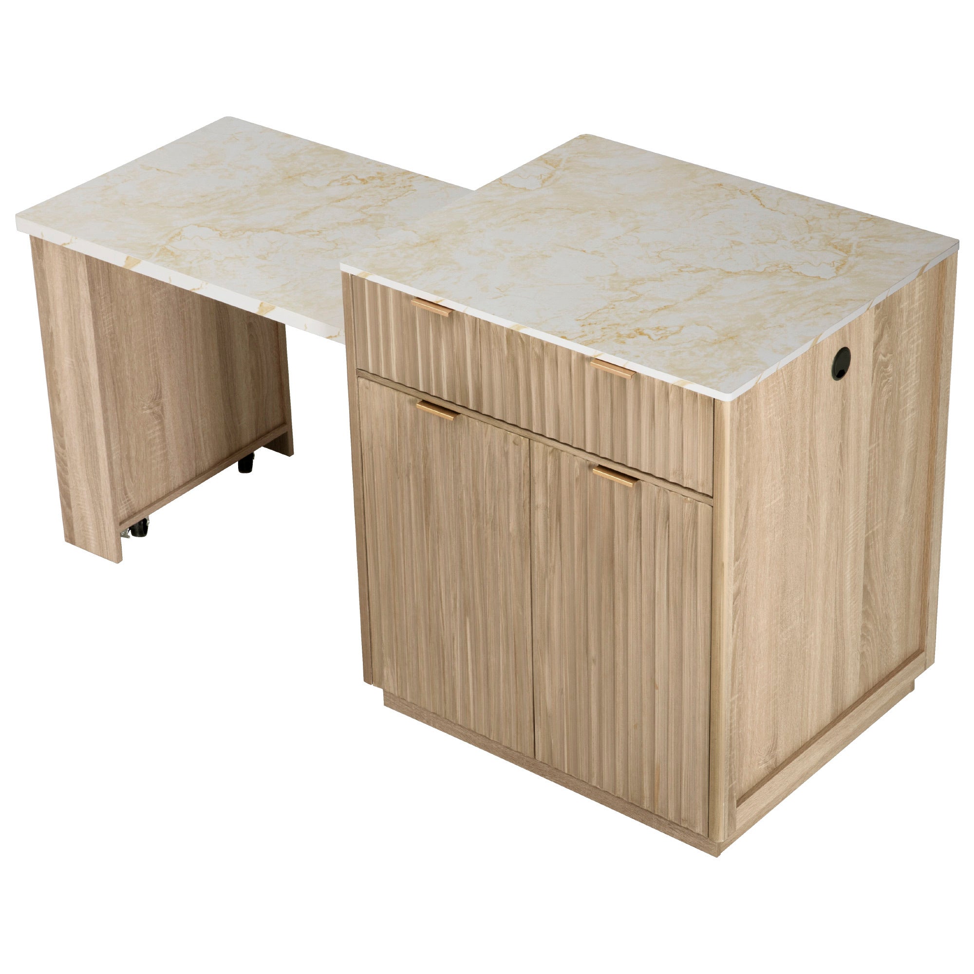 K&K 82.6' Fluted Kitchen Island with Extendable Dining Table for 4-6, Island Table for Kitchen with Power Outlet, Kitchen Table with Double-Side Storage, 2 Drawers 2 Side Open Shelves, Natural - Grand Goldman Shop