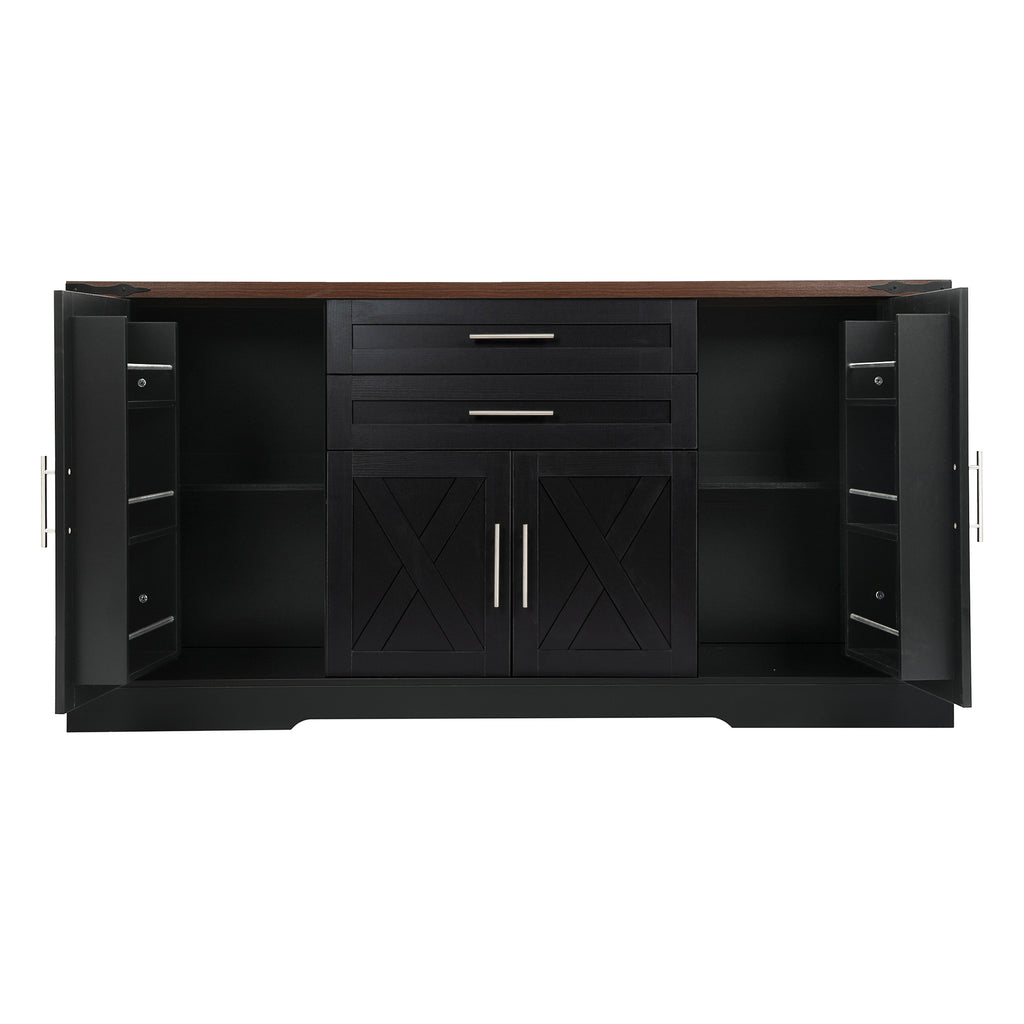Black Farmhouse Barn Door Storage Cabinet with 2 Drawers & Door Rack, Adjustable Shelves, MDF Construction, 63.11' L x 15.75' W x 32.09' H - Grand Goldman Shop