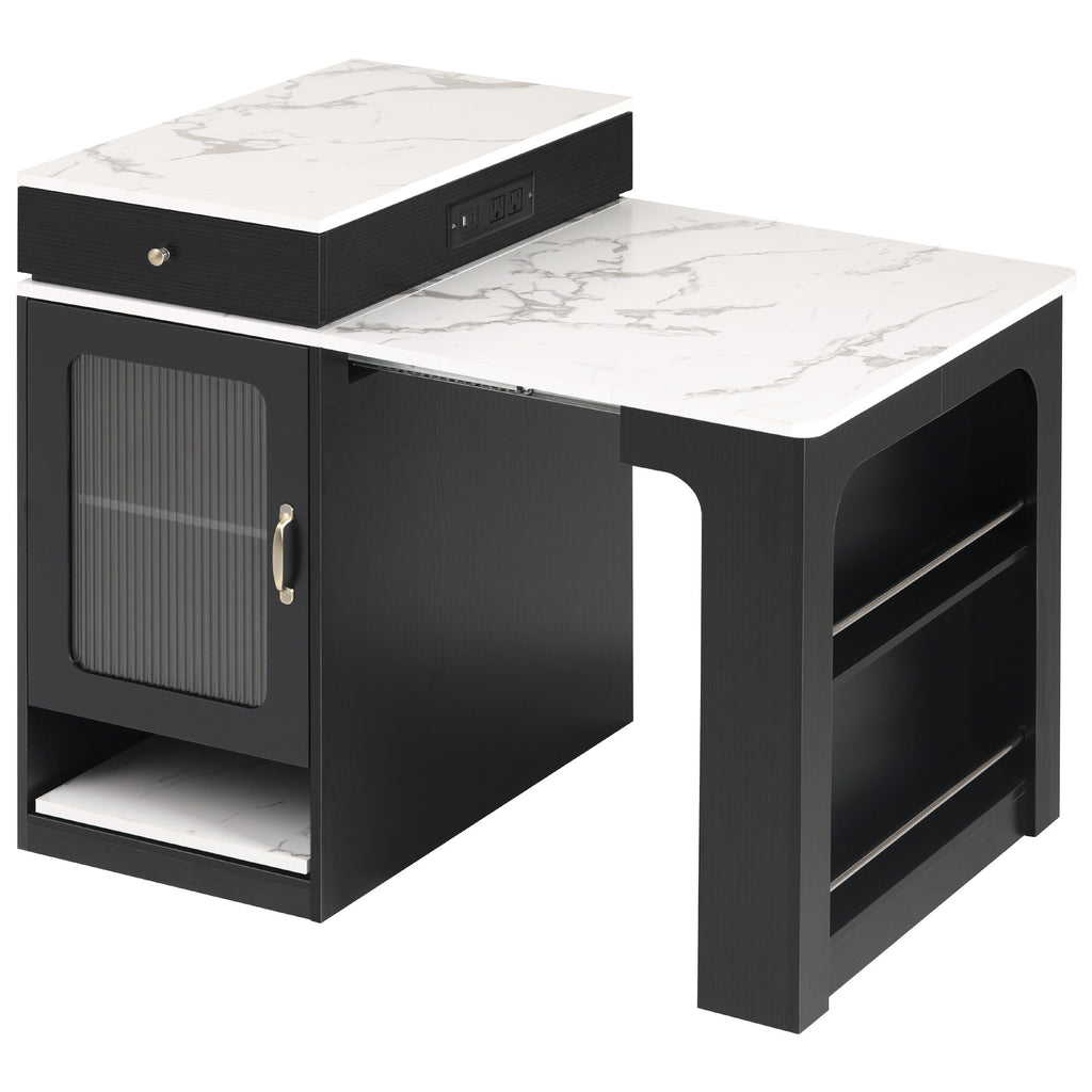 K&K 59.5' Kitchen Island with Extendable Dining Table, Kitchen Storage Table with Double-sided Storage, Kitchen Island with 2 Drawers, Power Outlet, Side Open Shelves, for Kitchen, Dining Room, Black - Grand Goldman Shop