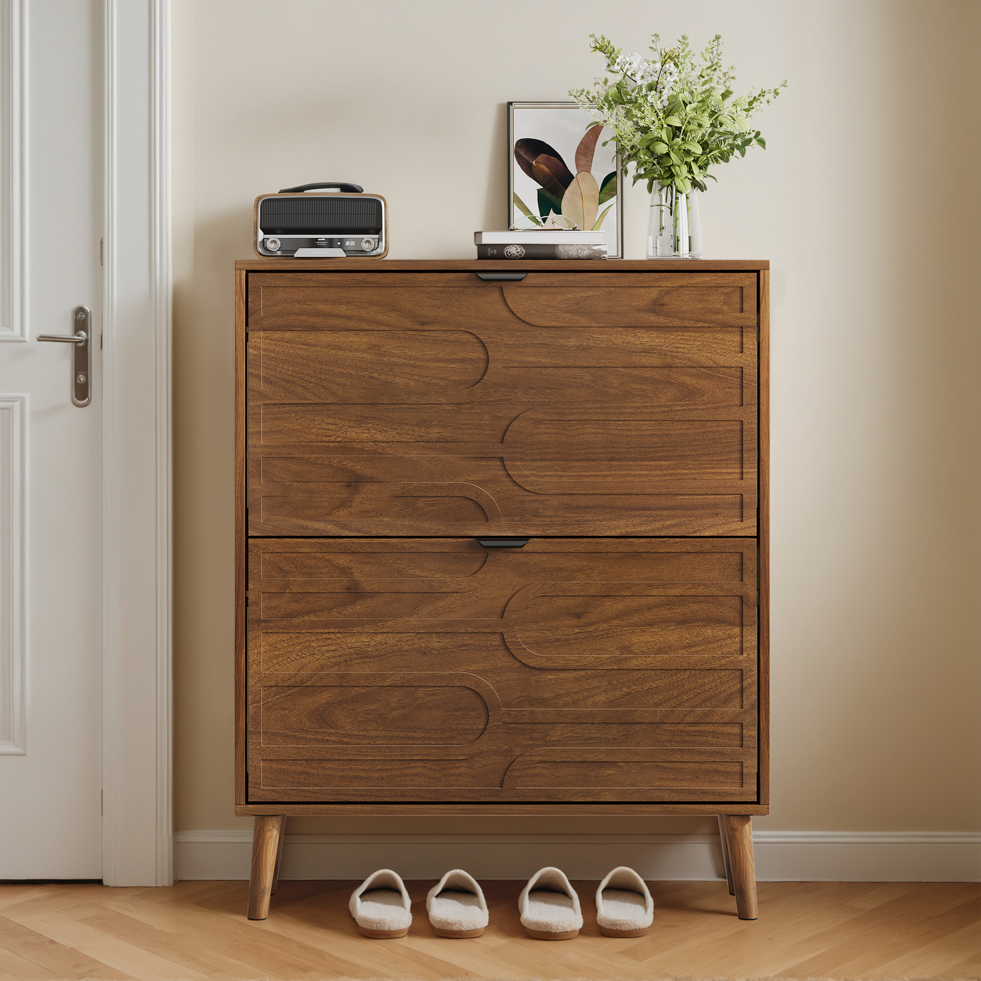 Medieval Modern Independent Shoe Cabinet with 2 Flip Drawers, Walnut MDF, 31.5-inch - Grand Goldman Shop