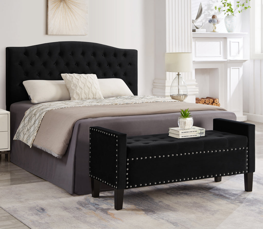 Upholstered Tufted Button Storage Bench with nails trim,Entryway Living Room Soft Padded Seat with Armrest,Bed Bench-Black - Grand Goldman Shop
